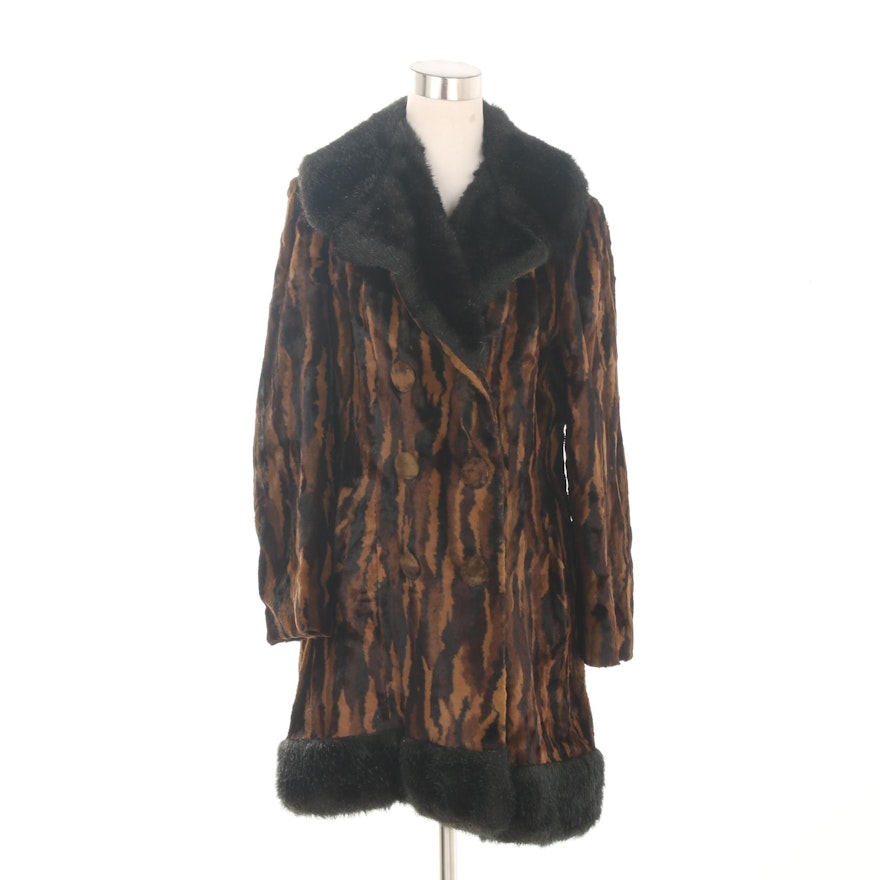Women's Black and Brown Patterned Faux Fur Coat
