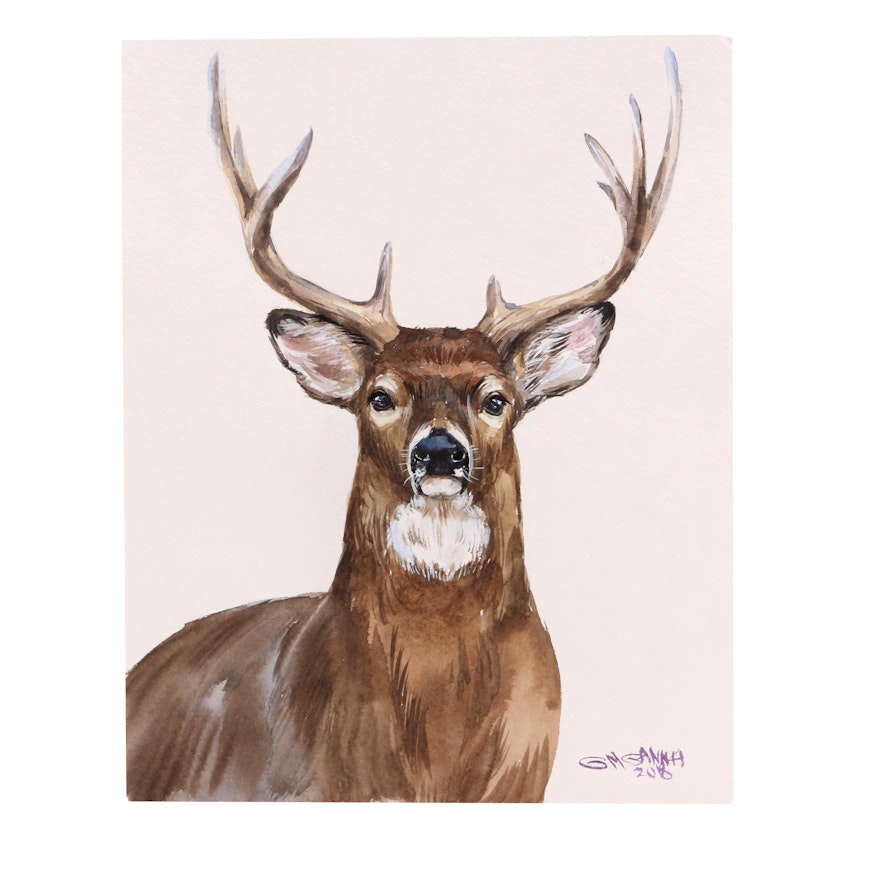Ganna Melnychenko Watercolor Painting "Red Deer Stag Portrait"