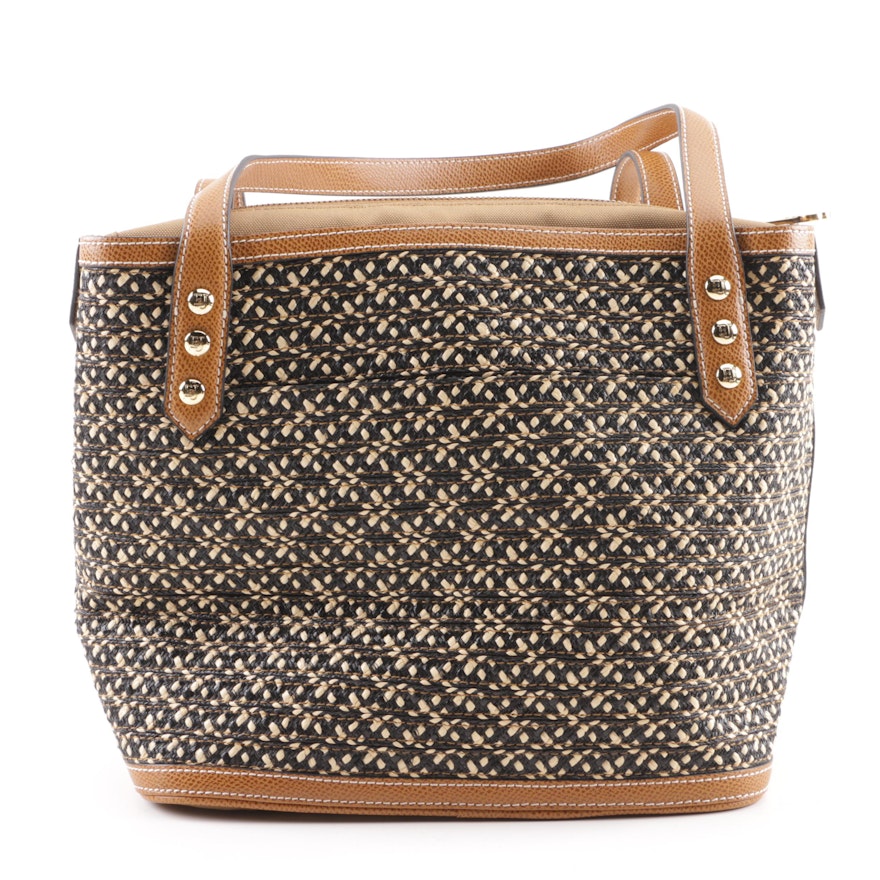 Eric Javits Black and Ivory Woven Tote With Tan Leather
