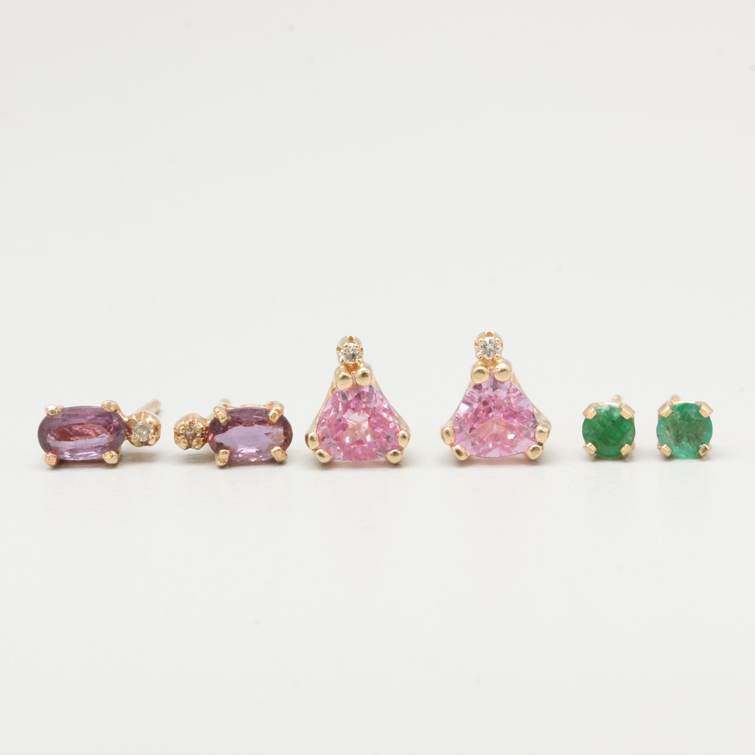 14K Yellow Gold Diamond, Sapphire, Emerald and Synthetic Sapphire Earrings