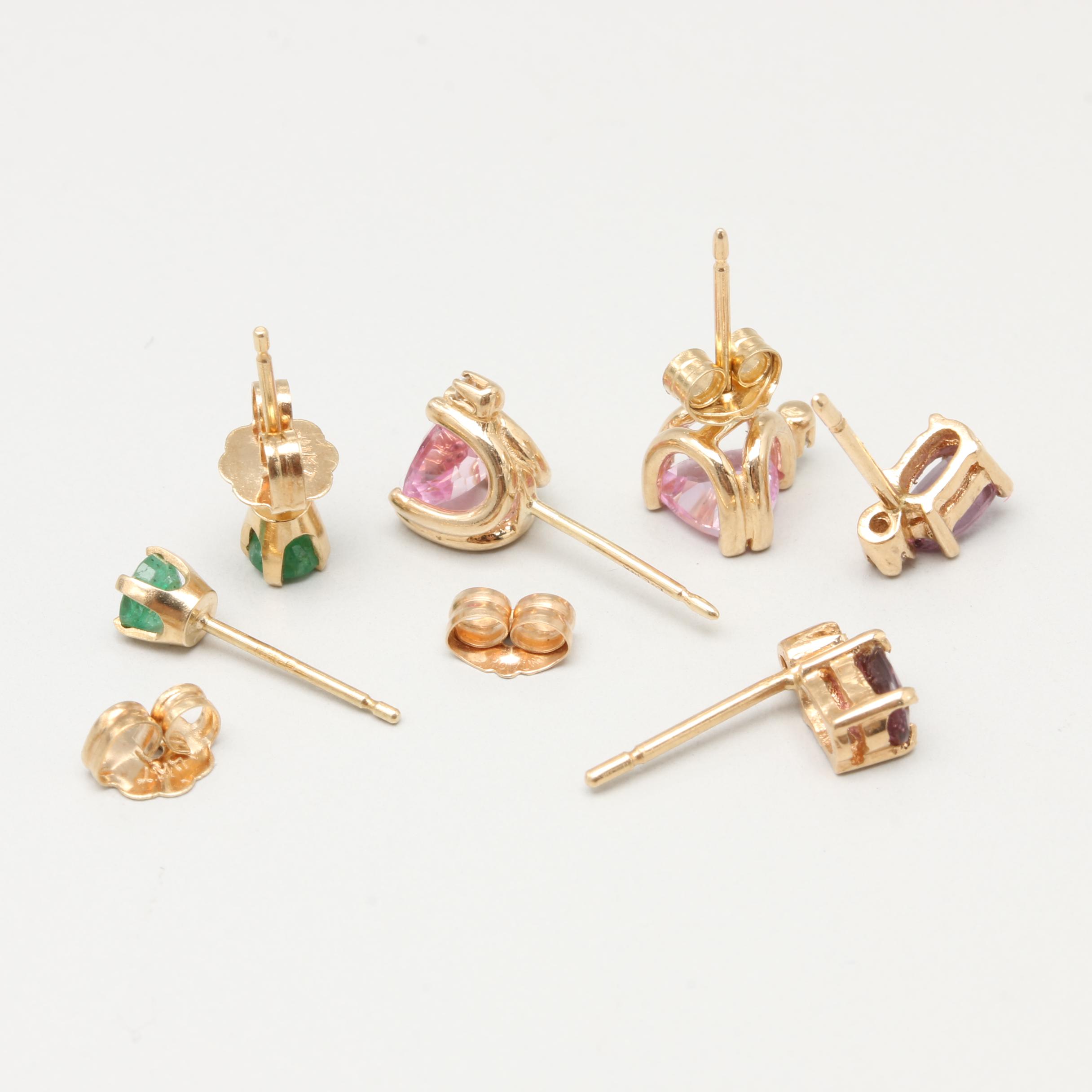 14K Yellow Gold Diamond, Sapphire, Emerald and Synthetic Sapphire Earrings