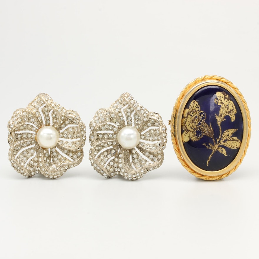 Costume Foilback, Imitation Pearl and Porcelain Earrings and Brooch