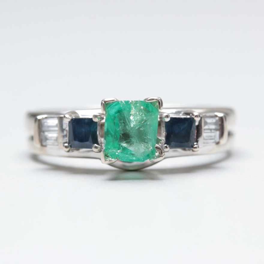 14K White Gold Emerald, Blue Sapphire and Diamond Ring