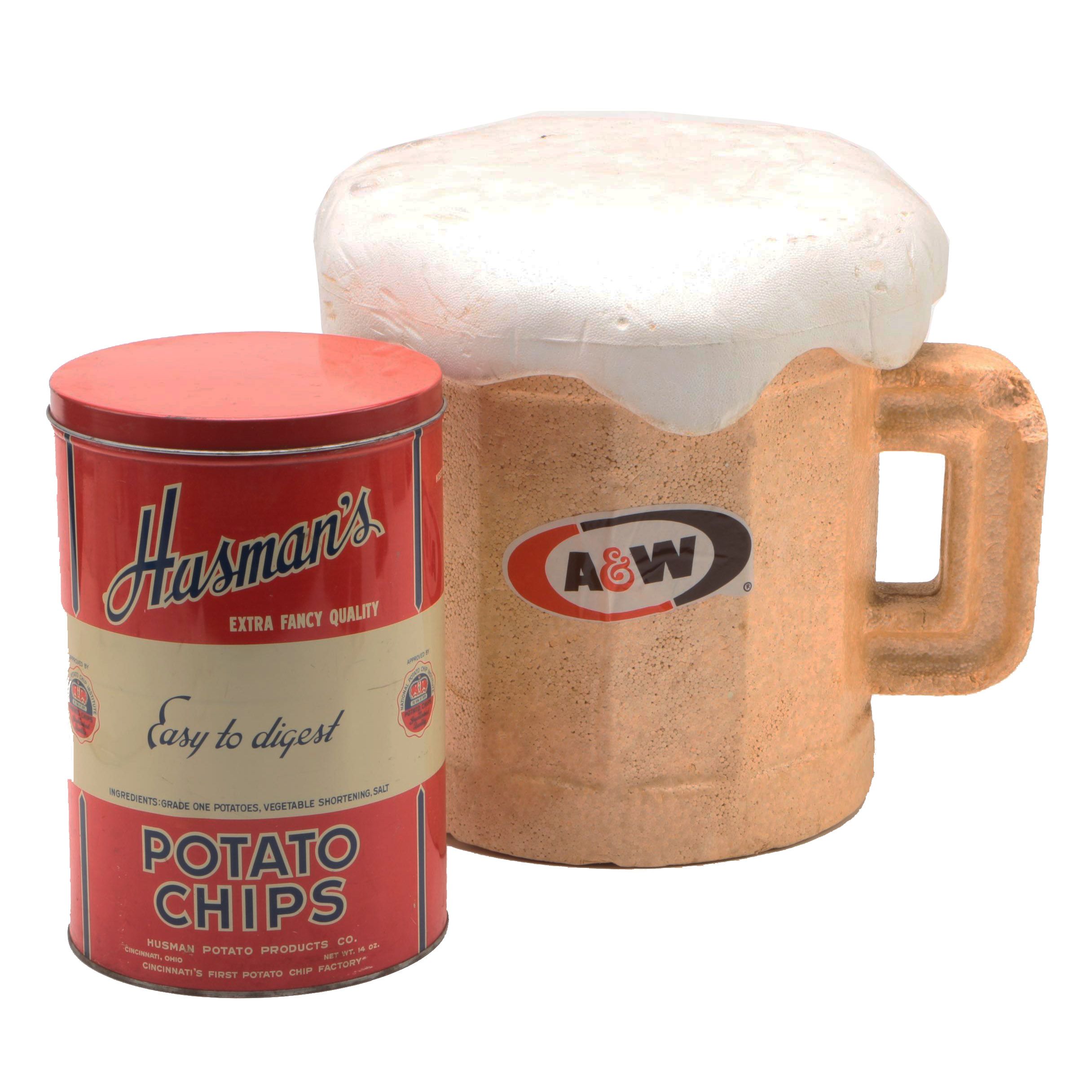 Vintage A&W Root Beer Styrofoam Cooler and Husman's Potato Chips Tin