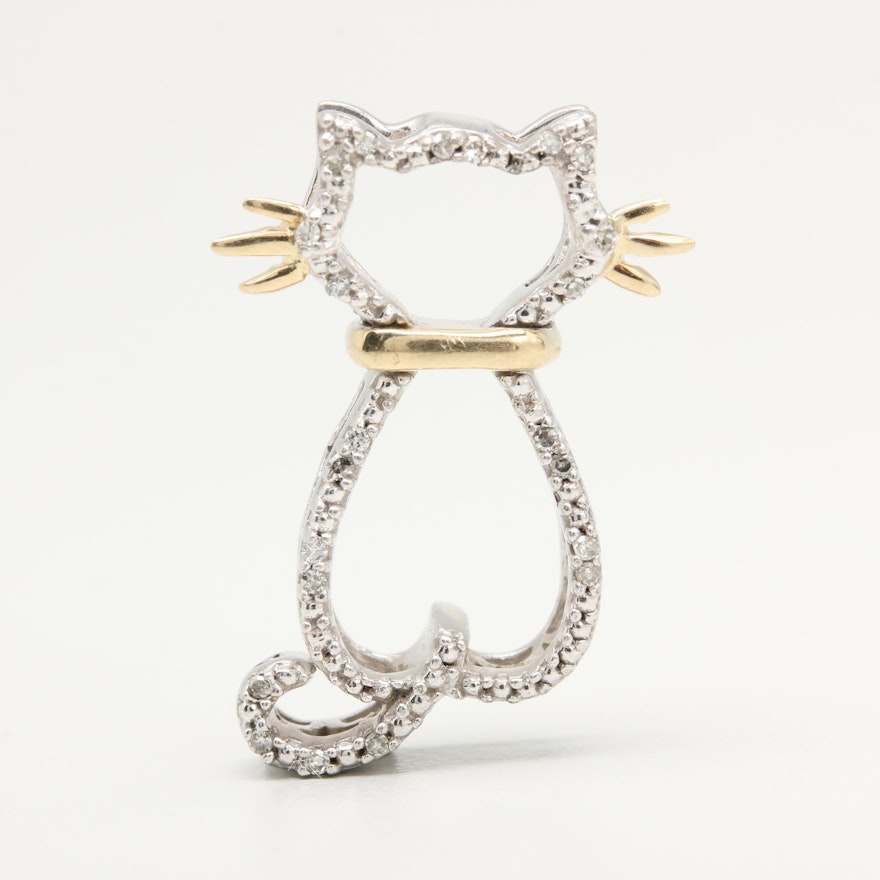 Sterling Silver Diamond Cat Pendant with 14K Yellow Gold Accents