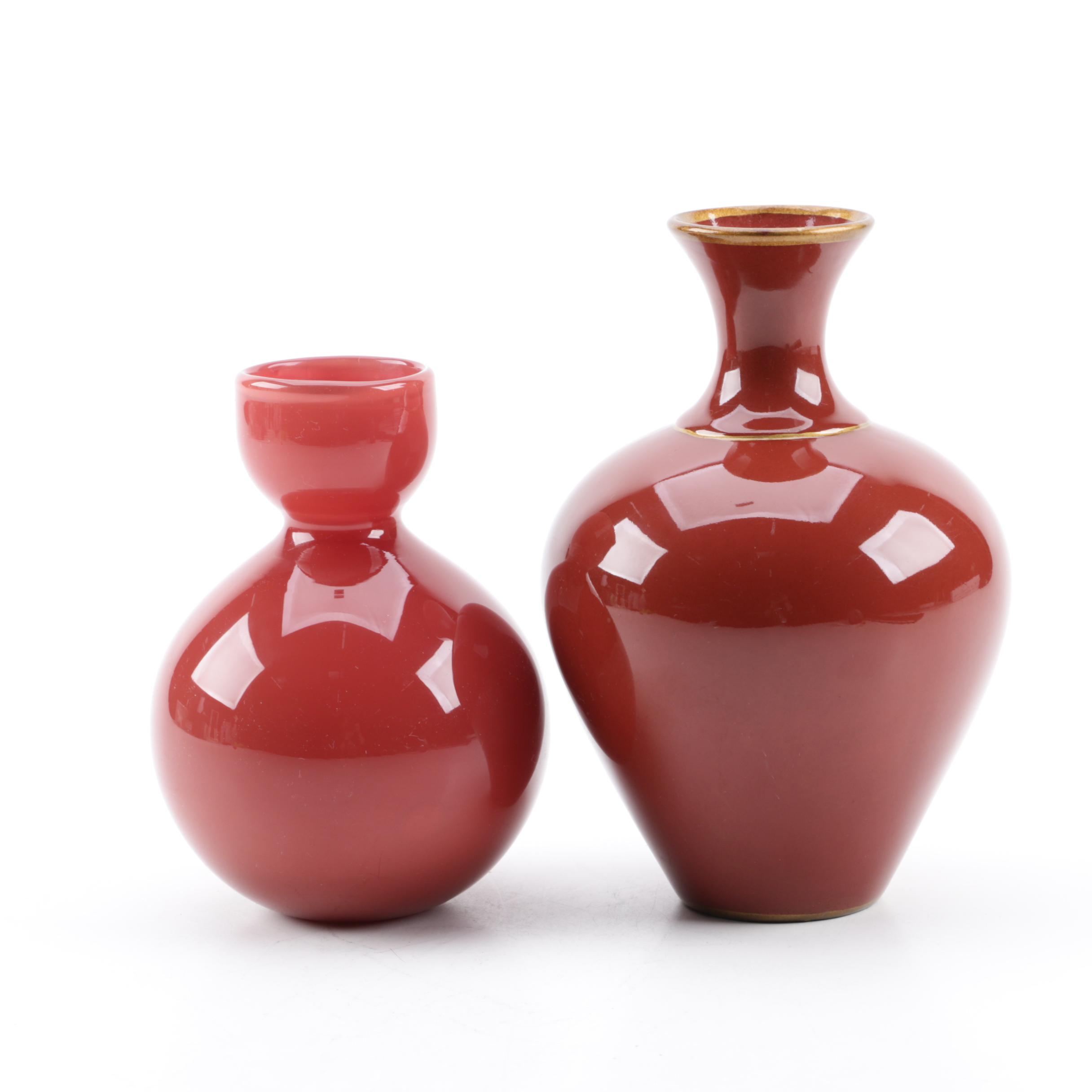 Signed Blown Glass Vase with Toyo Next Ceramic Vase by Jill Rosenwald