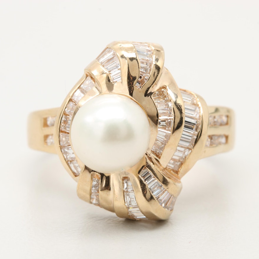 14K Yellow Gold Cultured Pearl and 1.22 CTW Diamond Ring