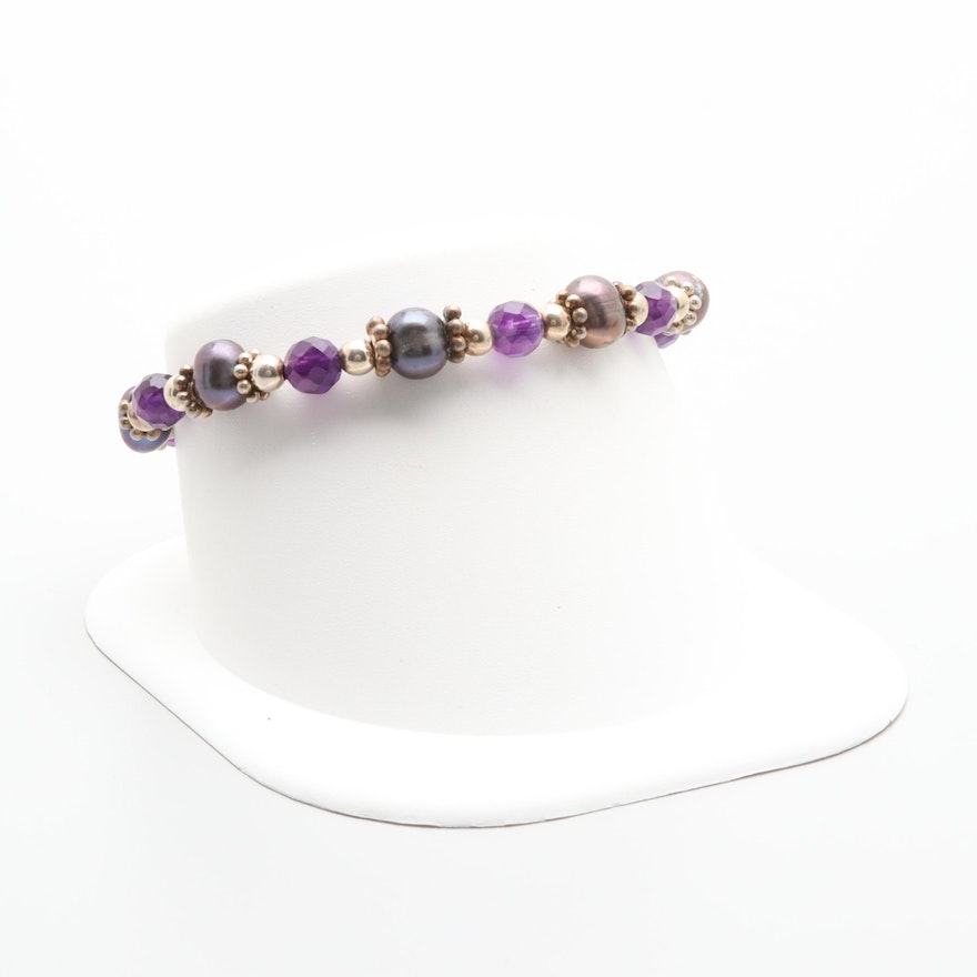 Sterling Silver Amethyst and Cultured Pearl Bracelet