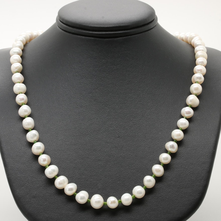 14K Yellow Gold Cultured Pearl and Green Quartz Necklace