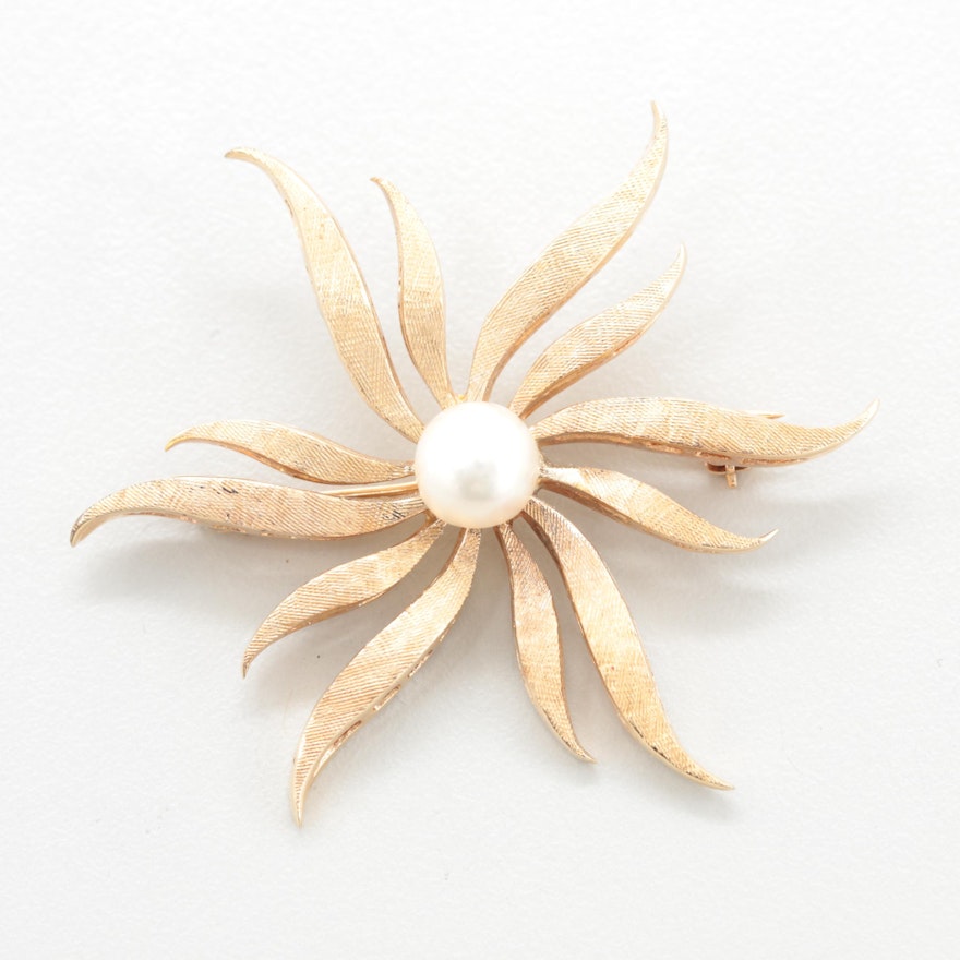 Circa 1950s - 1960s 14K Yellow Gold Cultured Pearl Brooch