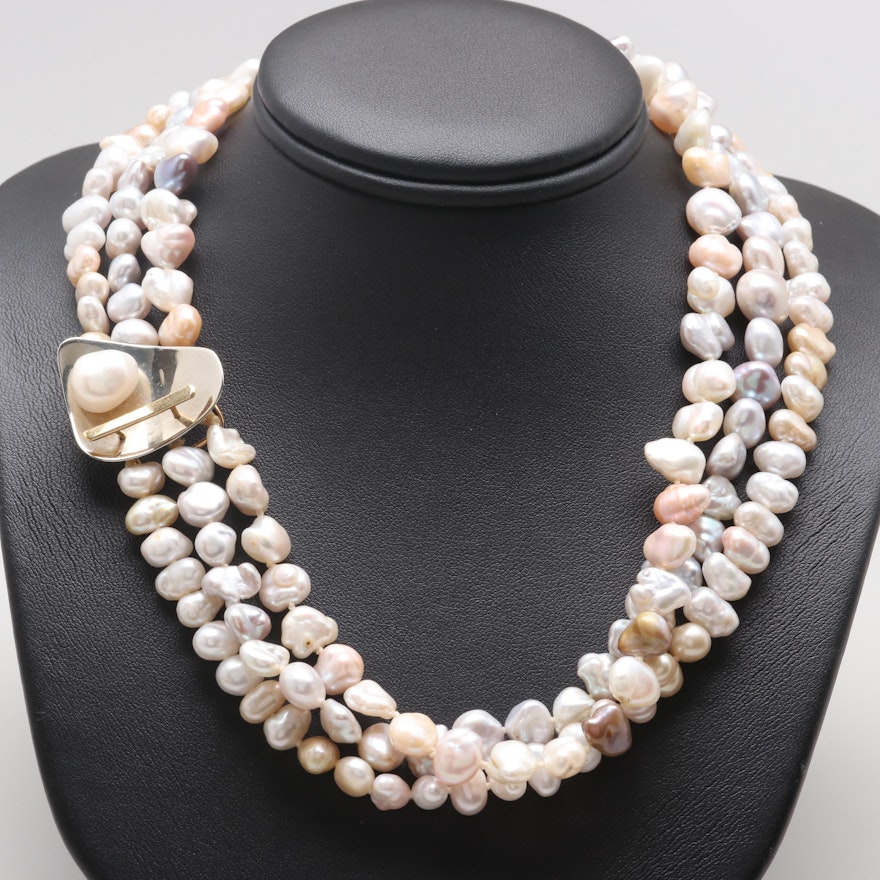 Circa 1982 Betsy Fuller 18K Gold Cultured Pearl Multi Strand Necklace