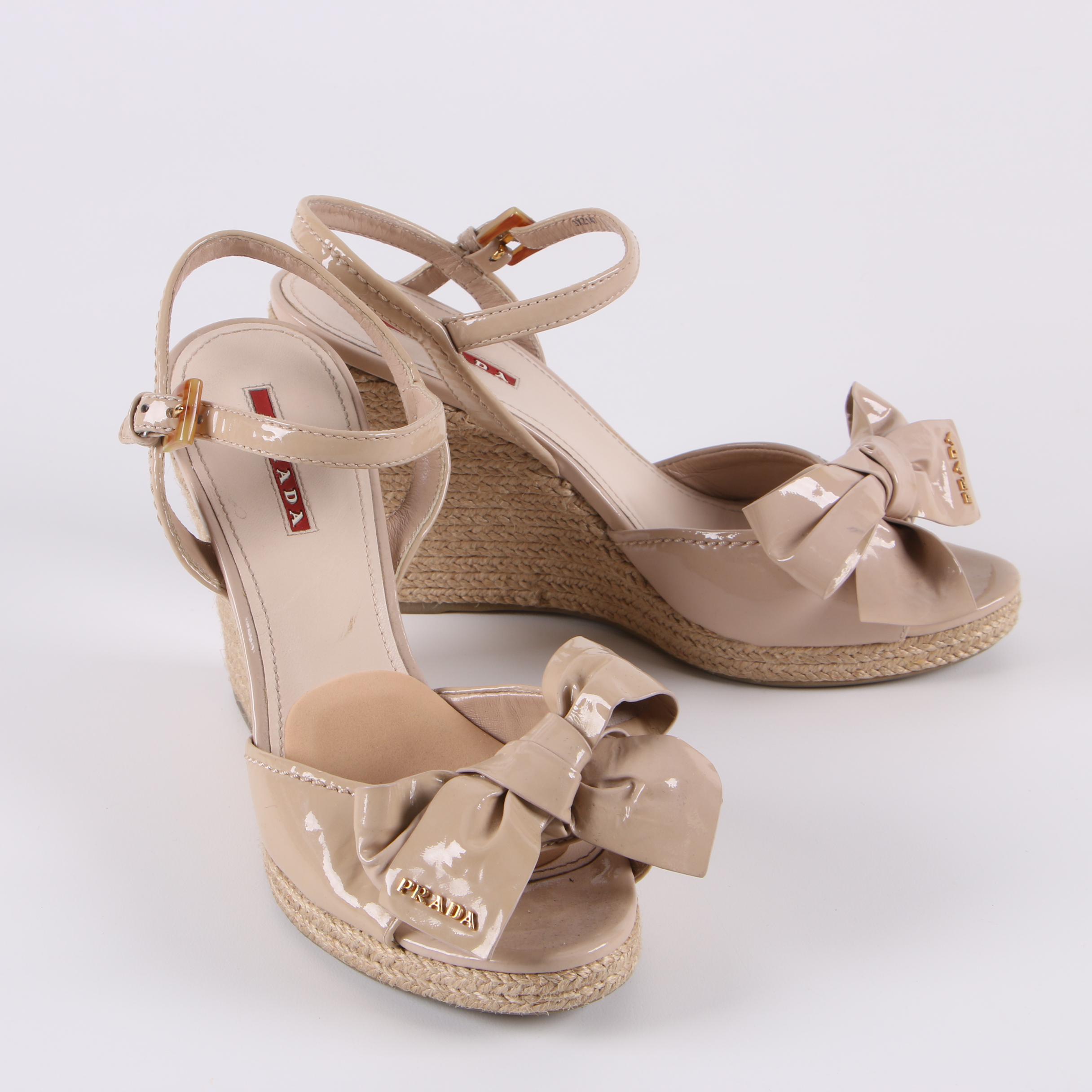 Prada Beige Patent Leather Espadrille Wedges