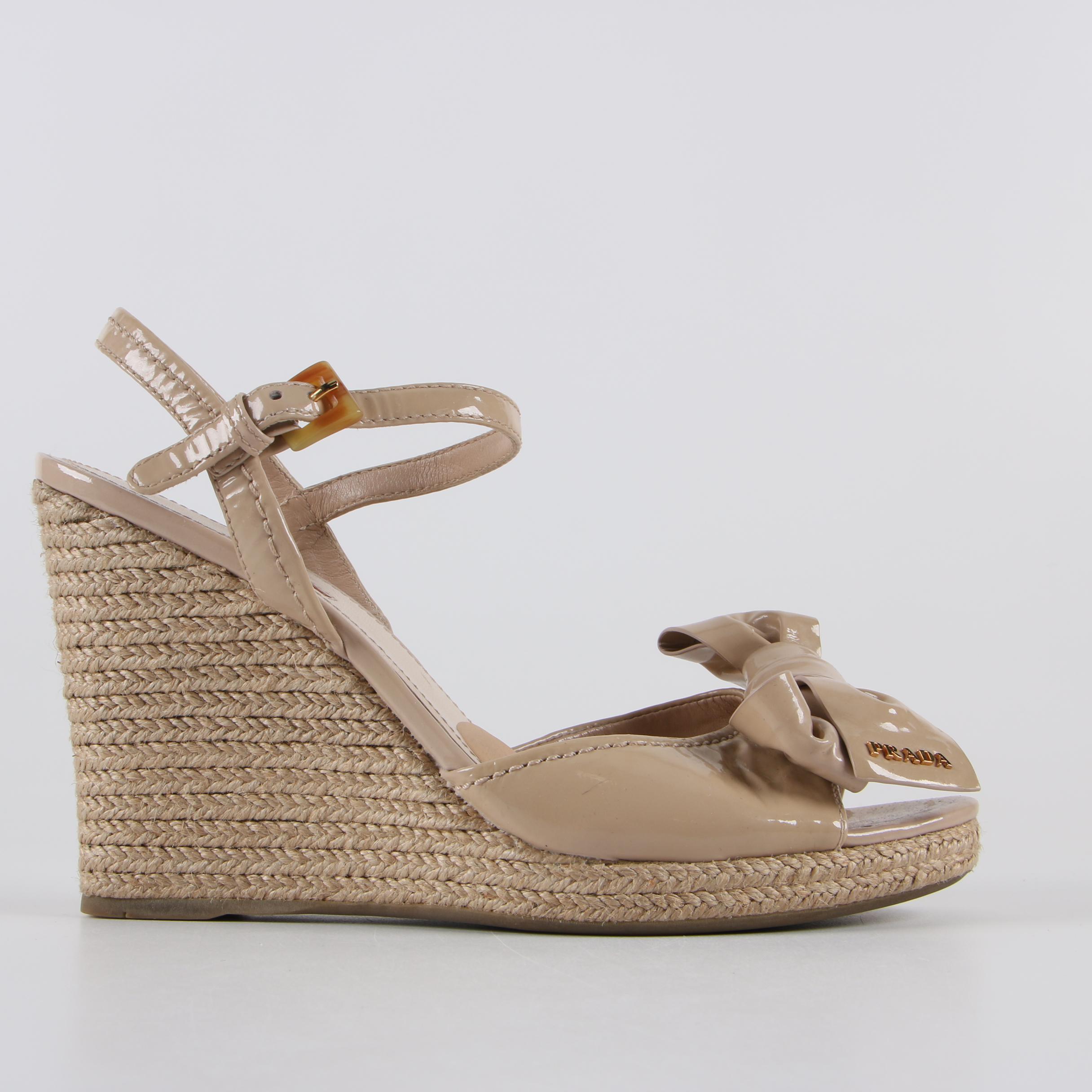 Prada Beige Patent Leather Espadrille Wedges