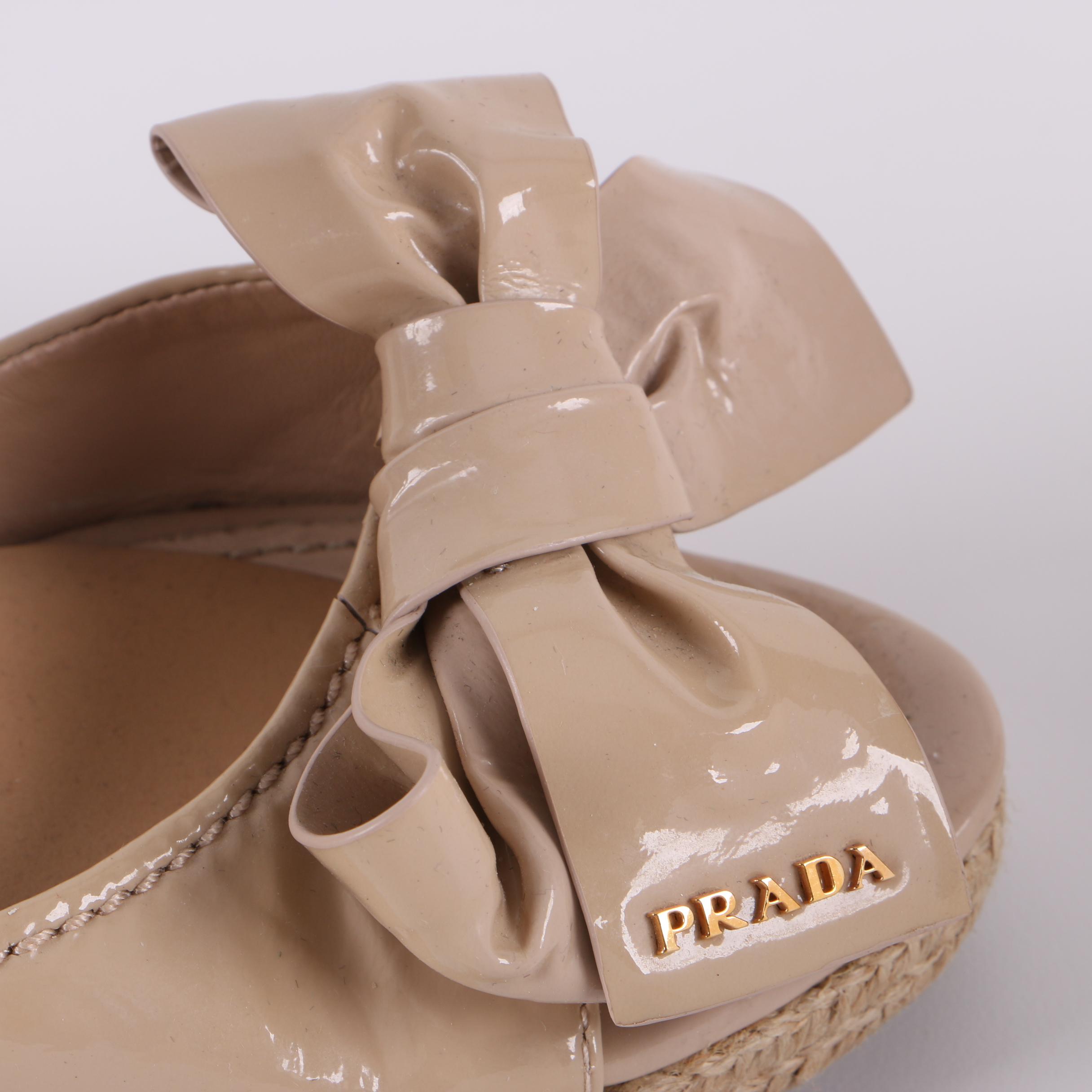 Prada Beige Patent Leather Espadrille Wedges