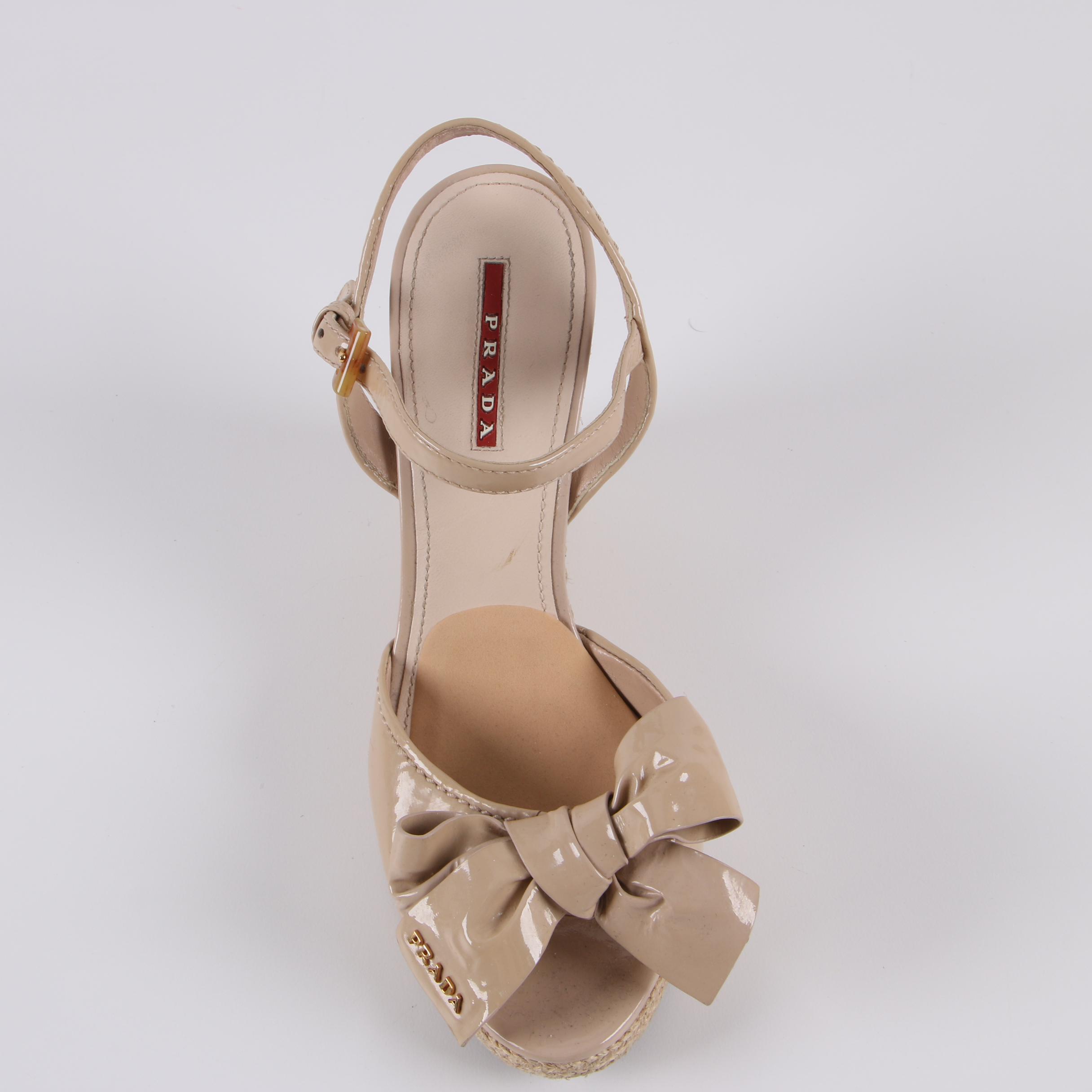 Prada Beige Patent Leather Espadrille Wedges