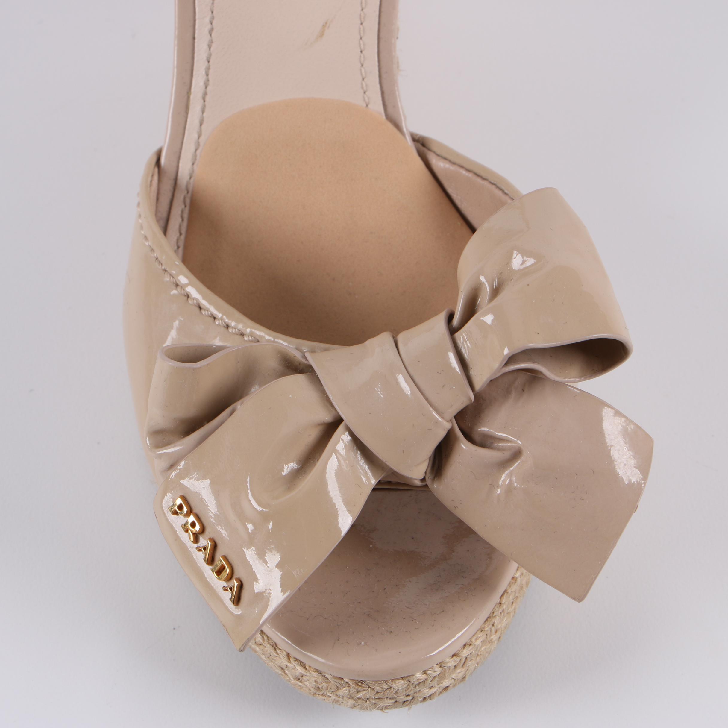 Prada Beige Patent Leather Espadrille Wedges