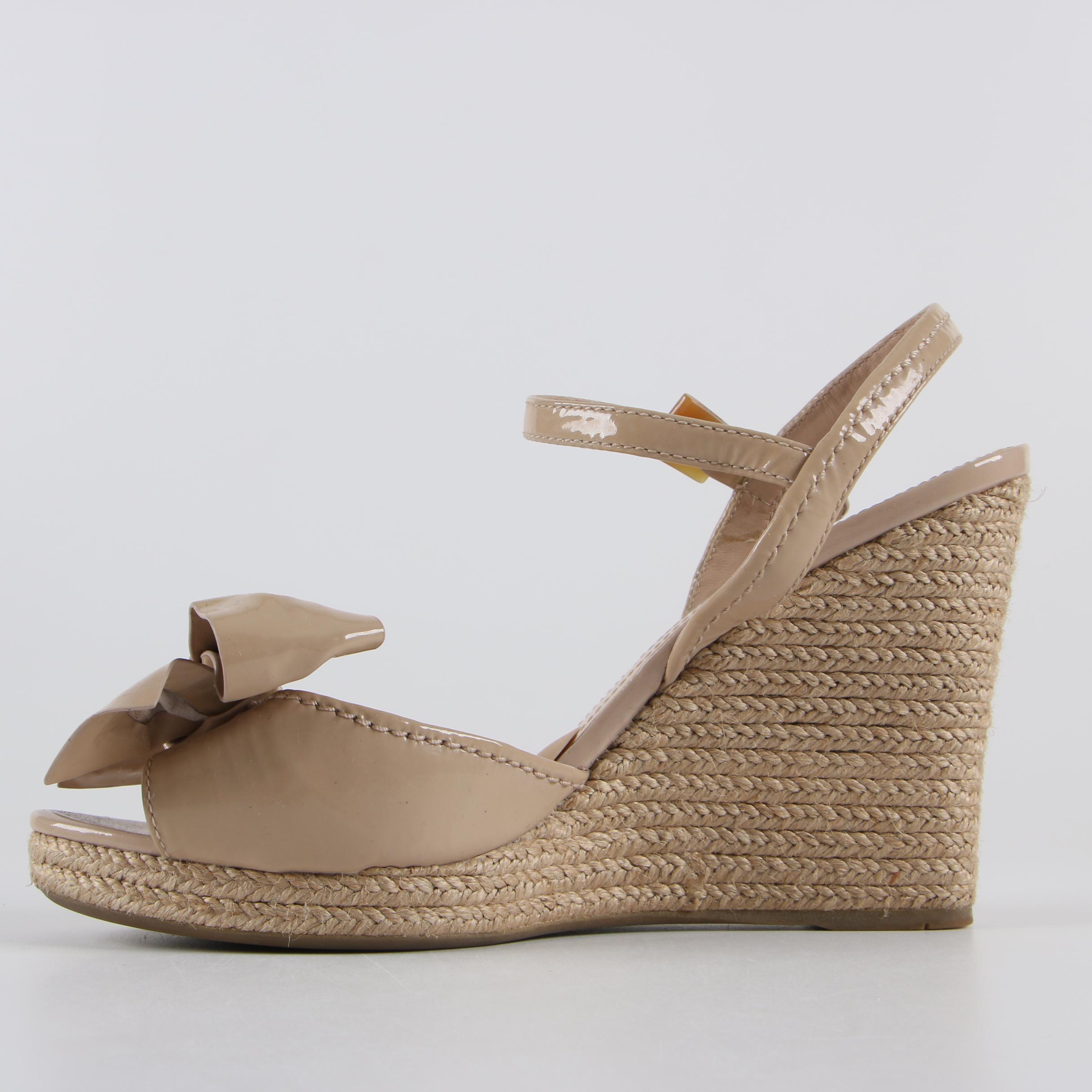 Prada Beige Patent Leather Espadrille Wedges