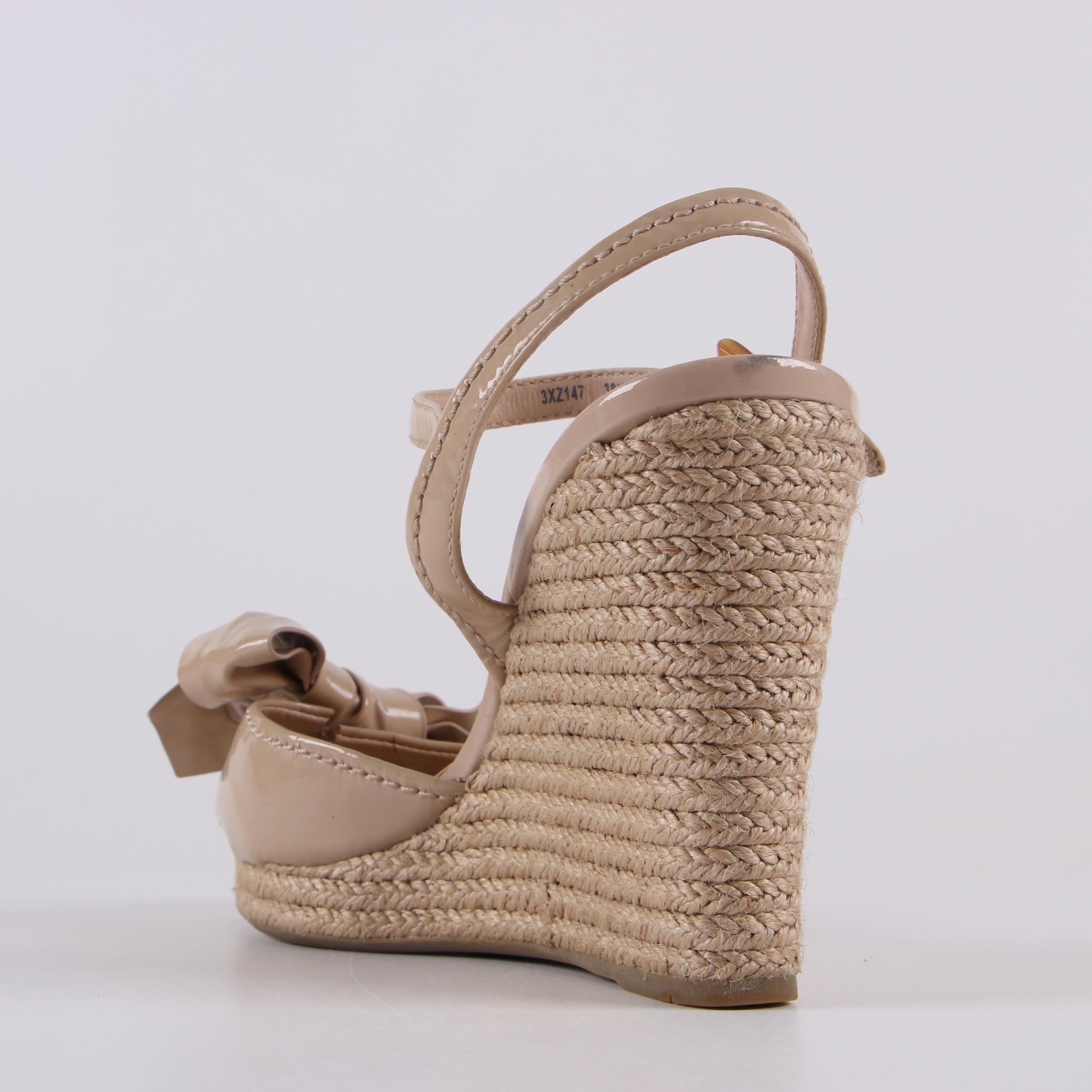 Prada Beige Patent Leather Espadrille Wedges