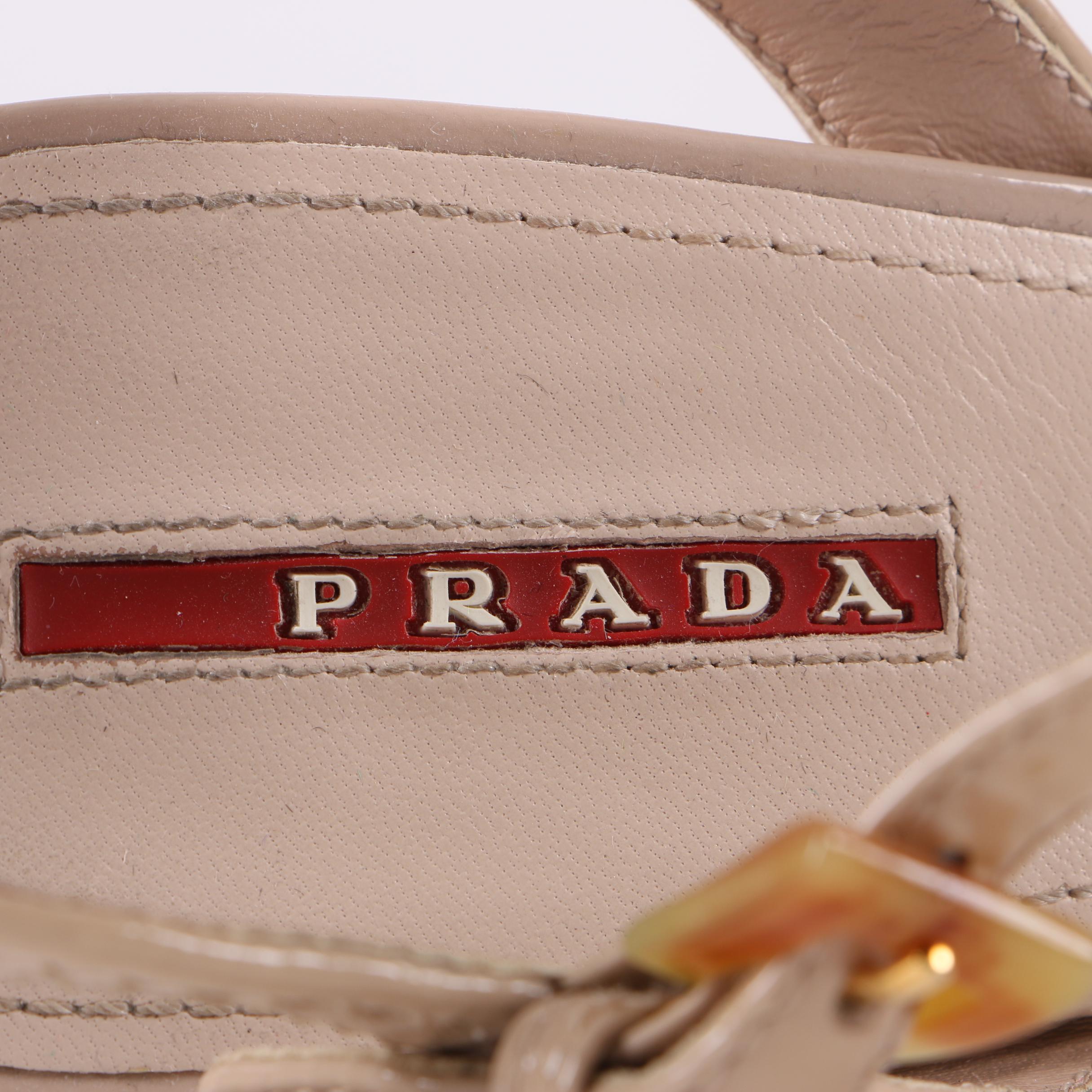 Prada Beige Patent Leather Espadrille Wedges