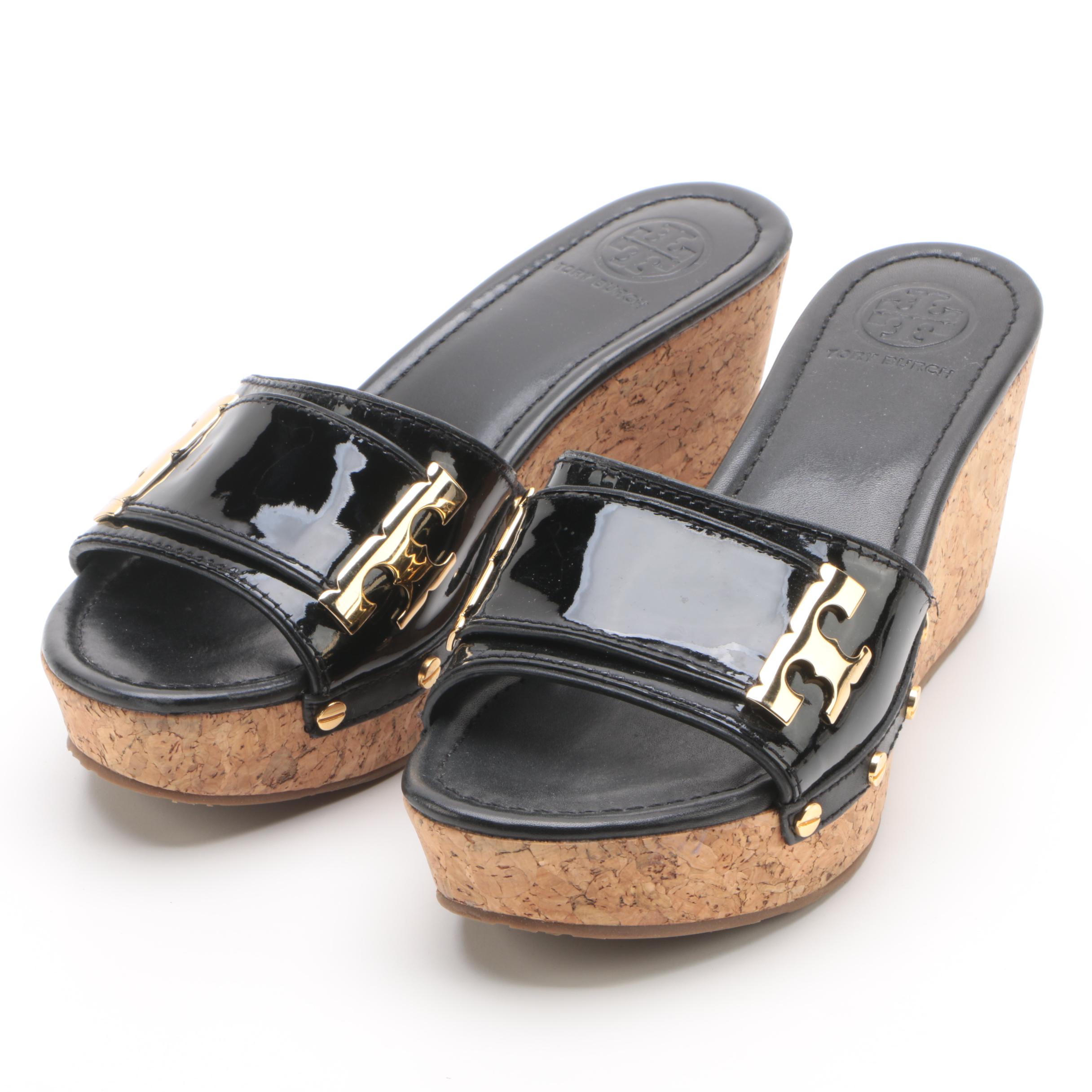 Tory Burch Black Patent Leather Slide Wedges
