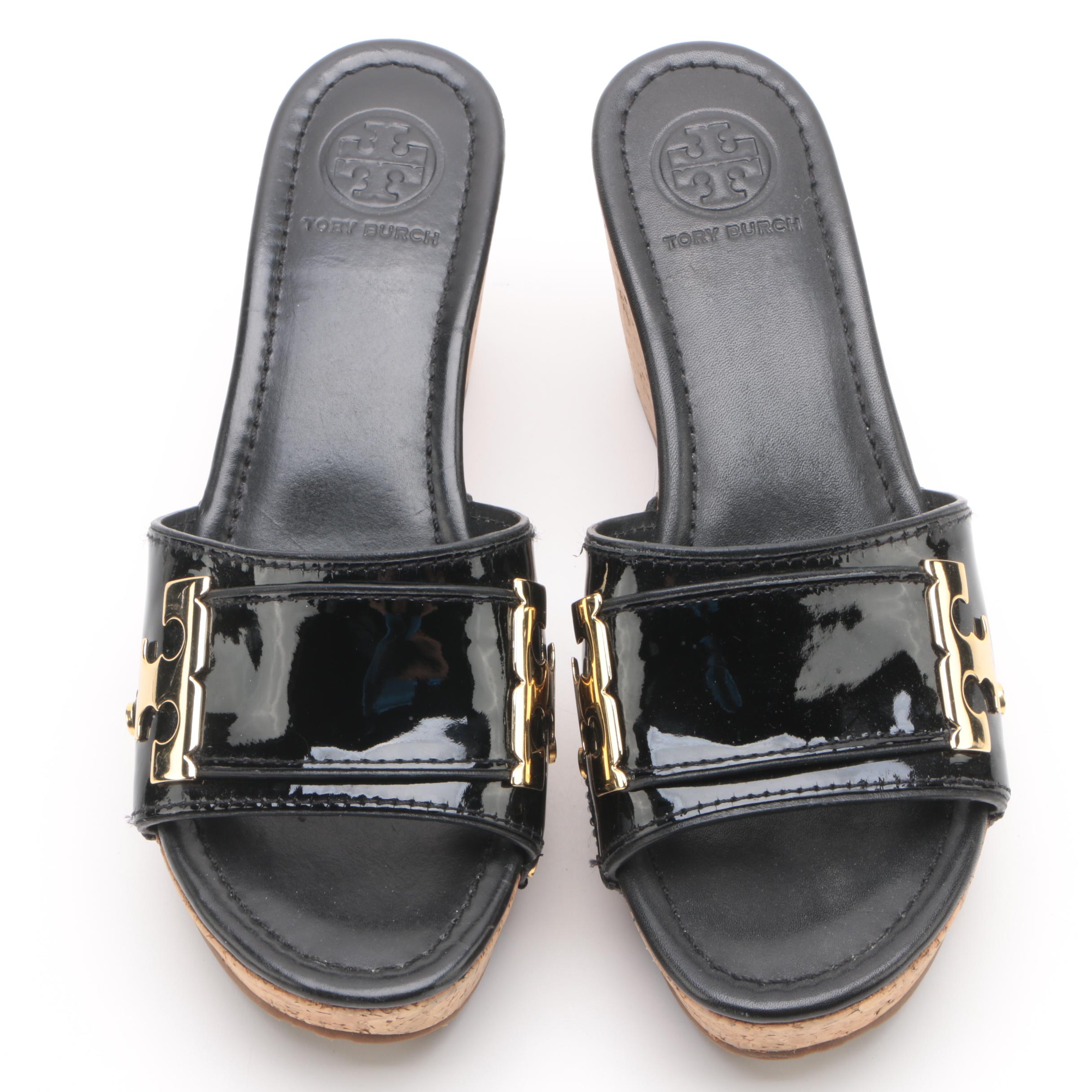 Tory Burch Black Patent Leather Slide Wedges