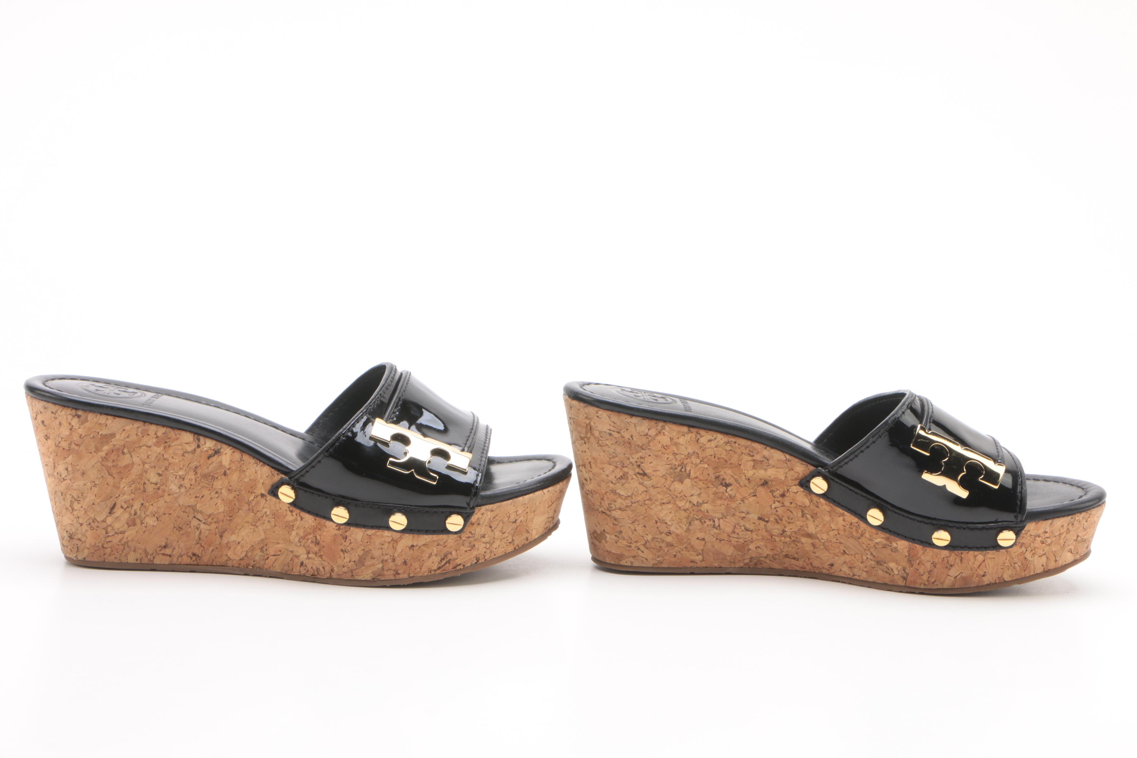 Tory Burch Black Patent Leather Slide Wedges