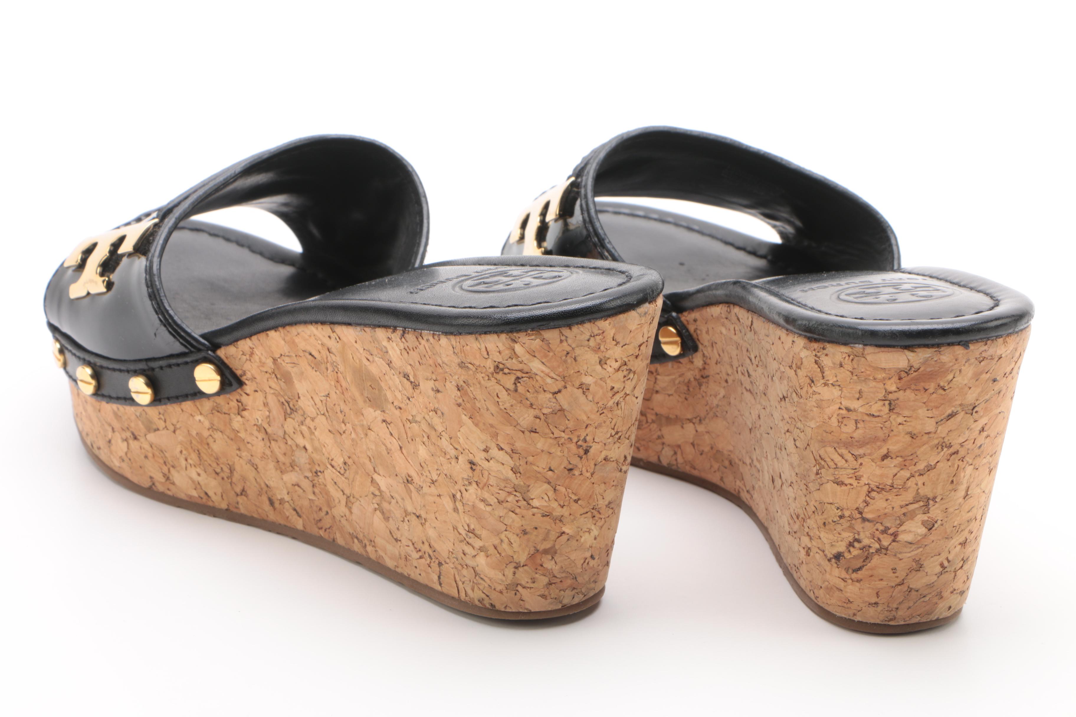 Tory Burch Black Patent Leather Slide Wedges