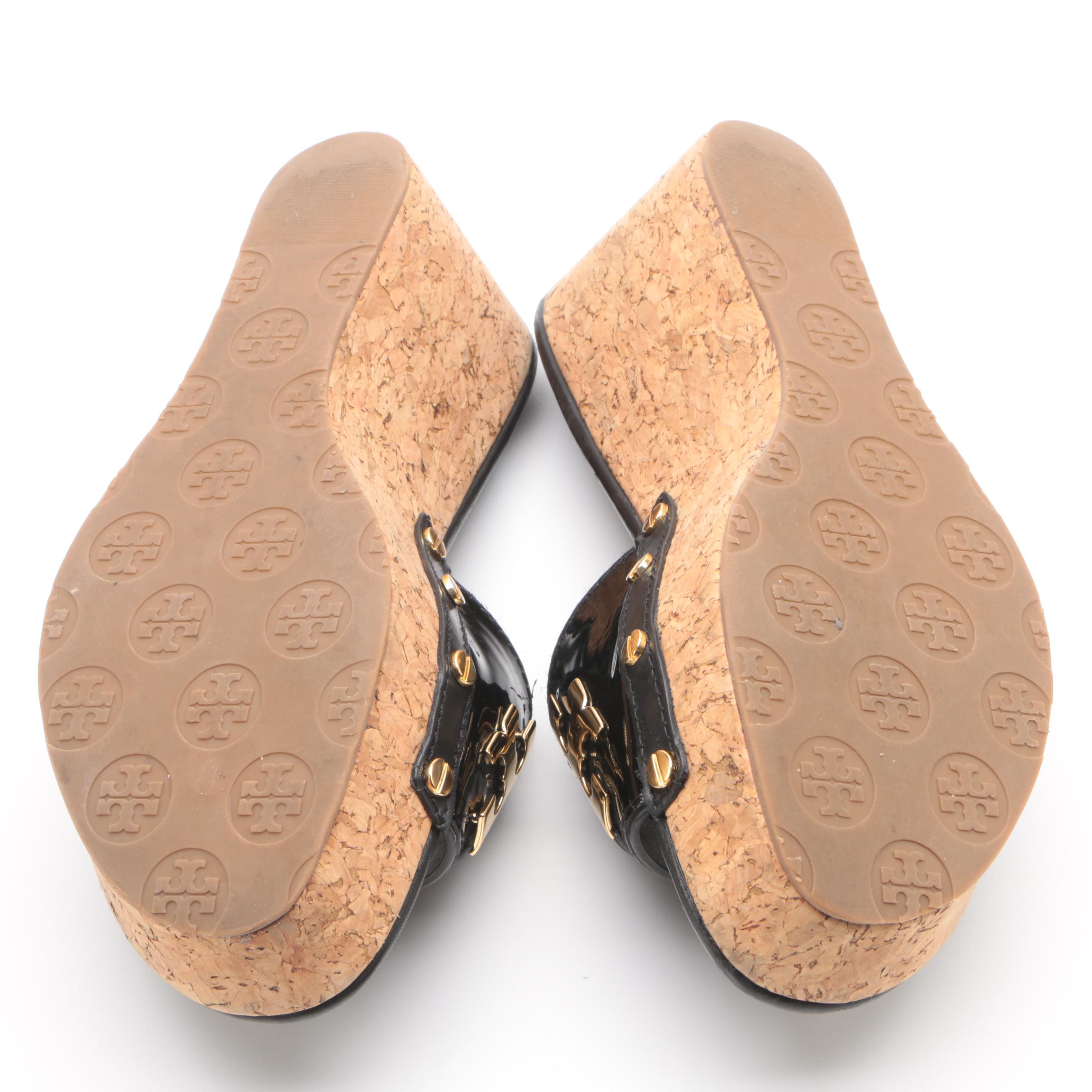 Tory Burch Black Patent Leather Slide Wedges