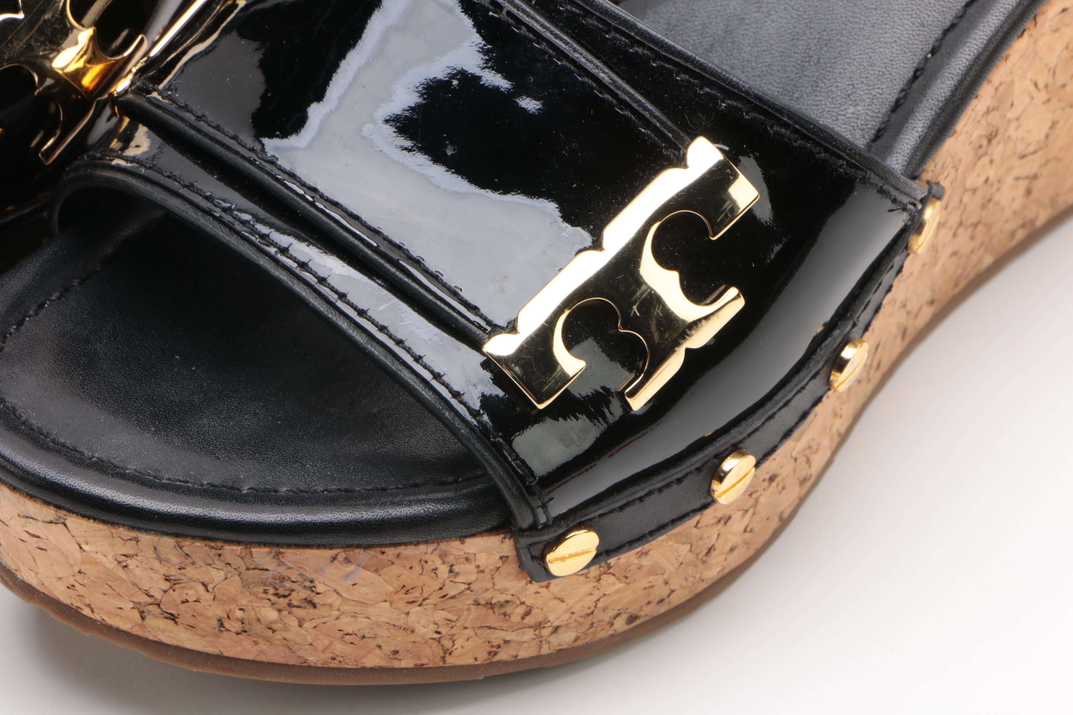 Tory Burch Black Patent Leather Slide Wedges