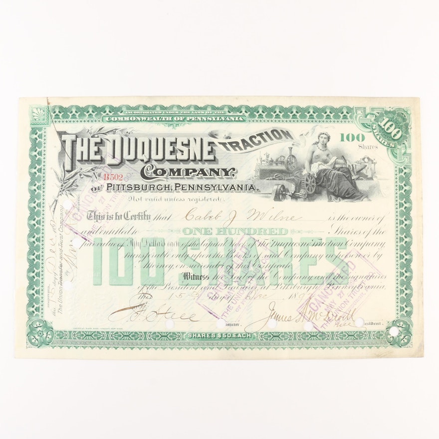 1892 Duquesne Traction Company Stock Certificate