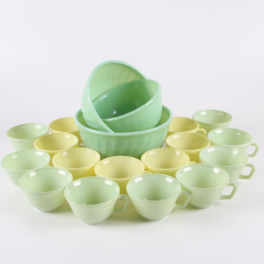 Vintage Fire-King Nesting Bowls with Jadeite and Yellow Glass Mugs