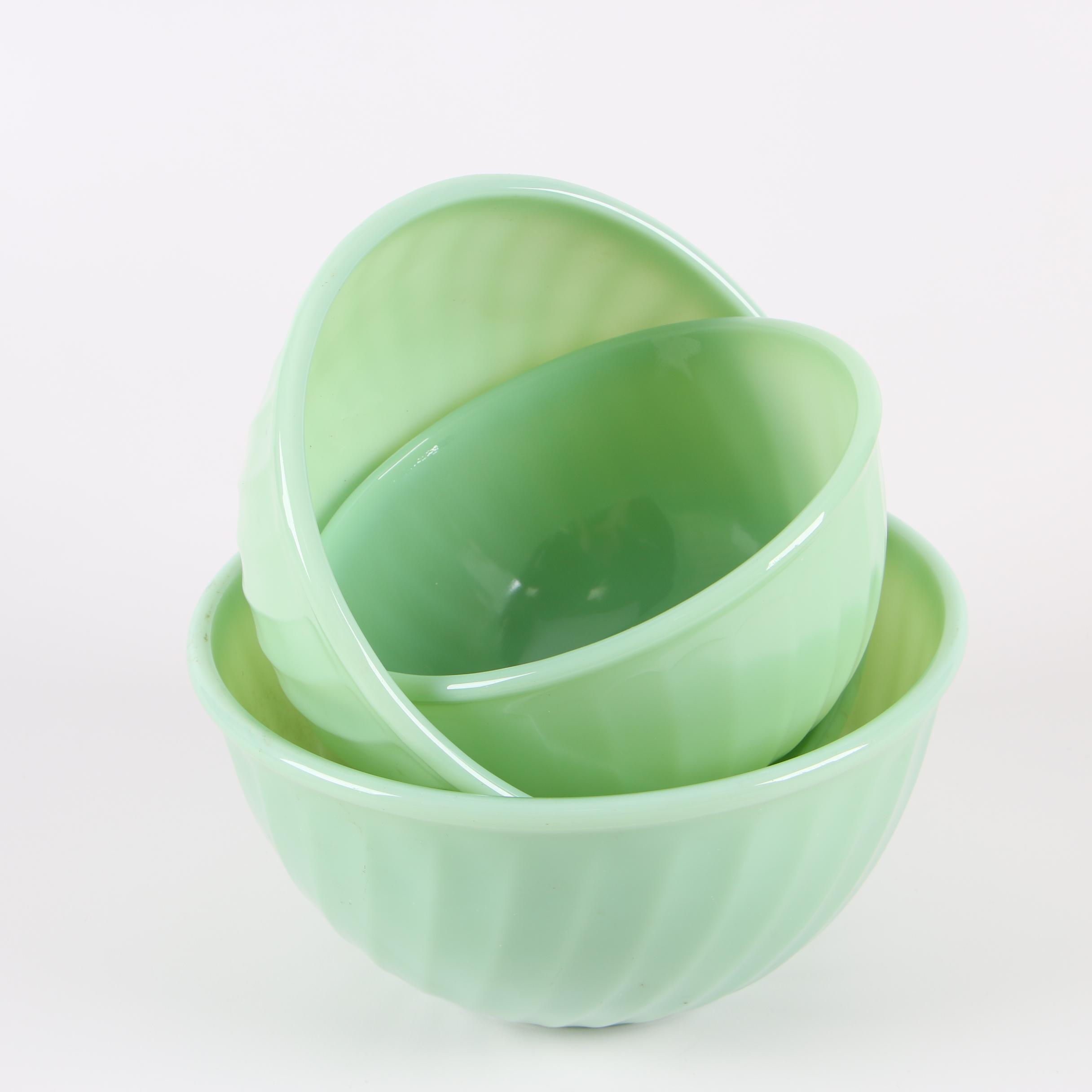 Vintage Fire-King Nesting Bowls with Jadeite and Yellow Glass Mugs