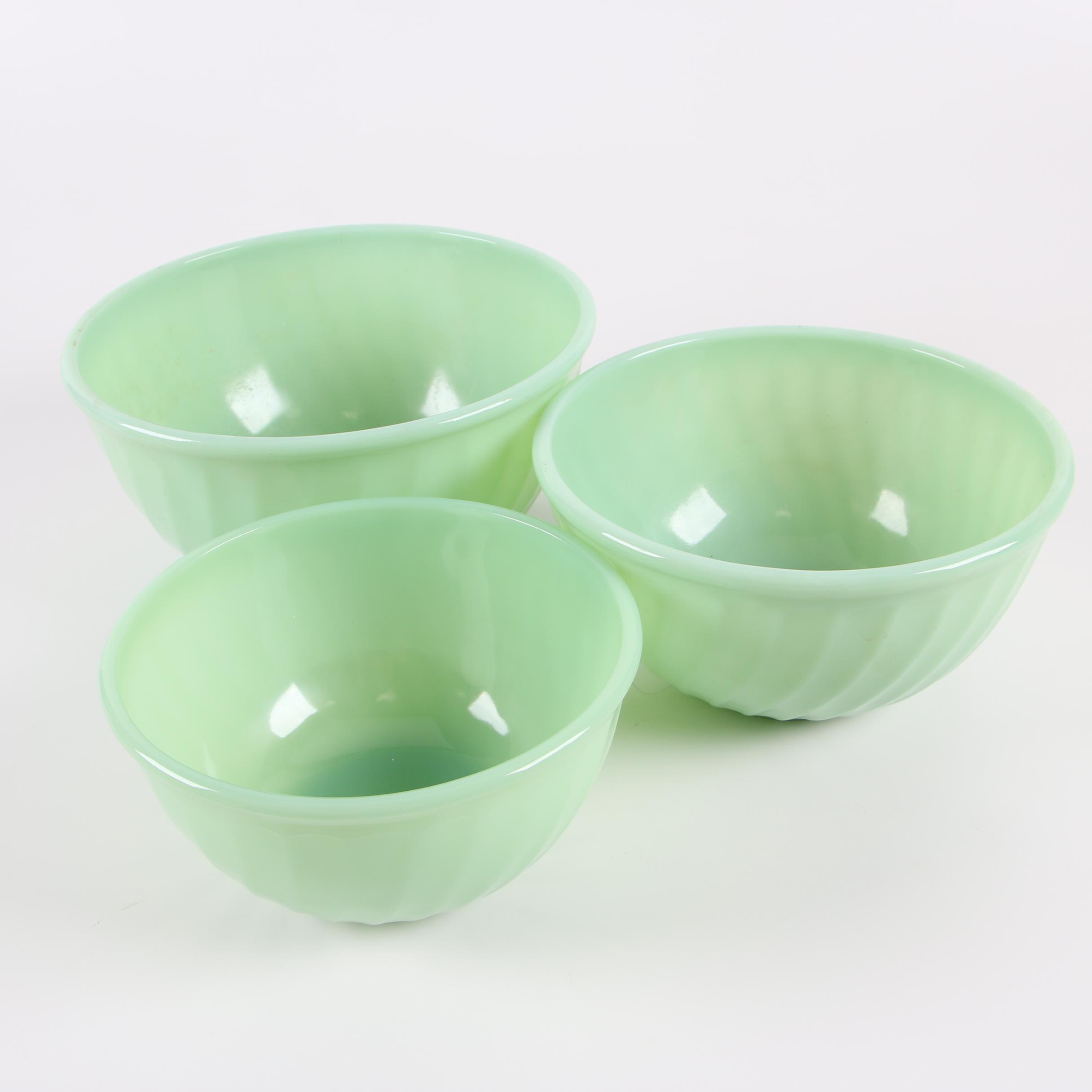 Vintage Fire-King Nesting Bowls with Jadeite and Yellow Glass Mugs