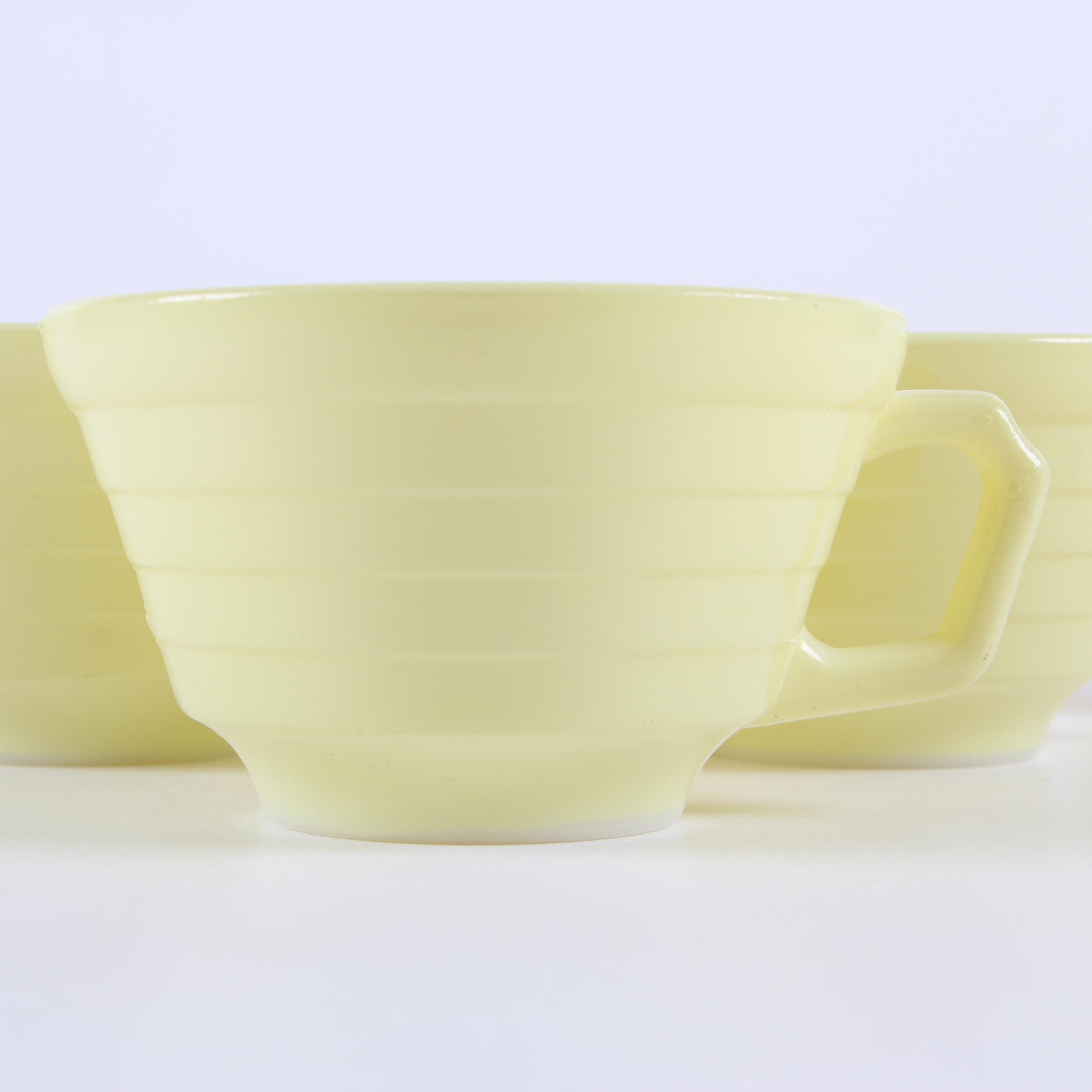 Vintage Fire-King Nesting Bowls with Jadeite and Yellow Glass Mugs