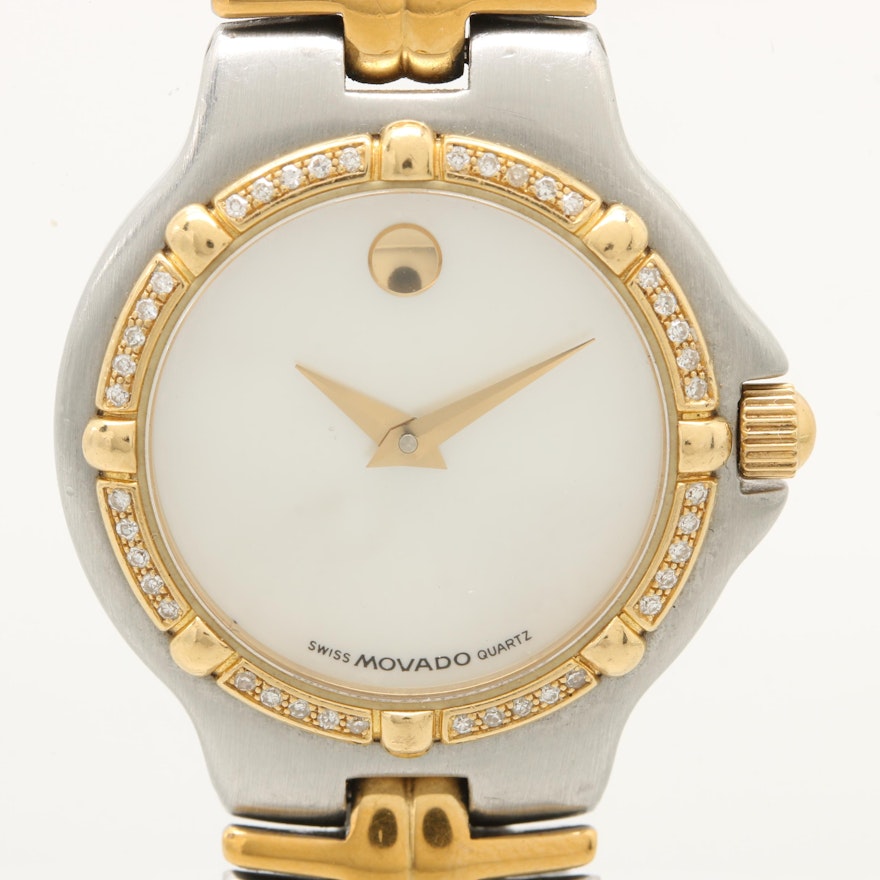 Movado Stainless Steel Mother of Pearl and Diamond Wristwatch