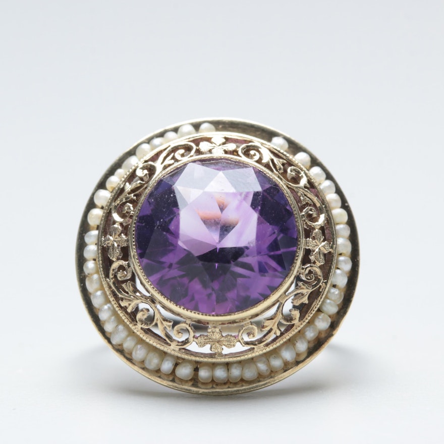 Circa 1900s 14K Yellow Gold Amethyst and Seed Pearl Ring