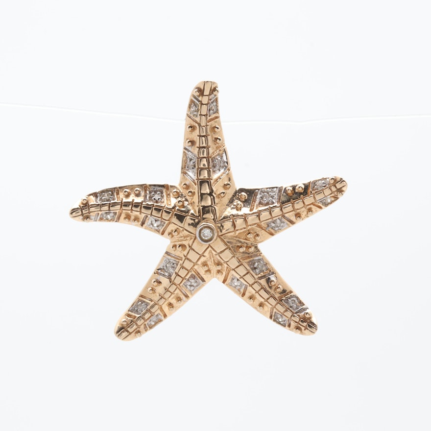 14K Yellow Gold Diamond Starfish Slide Pendant with White Gold Accents