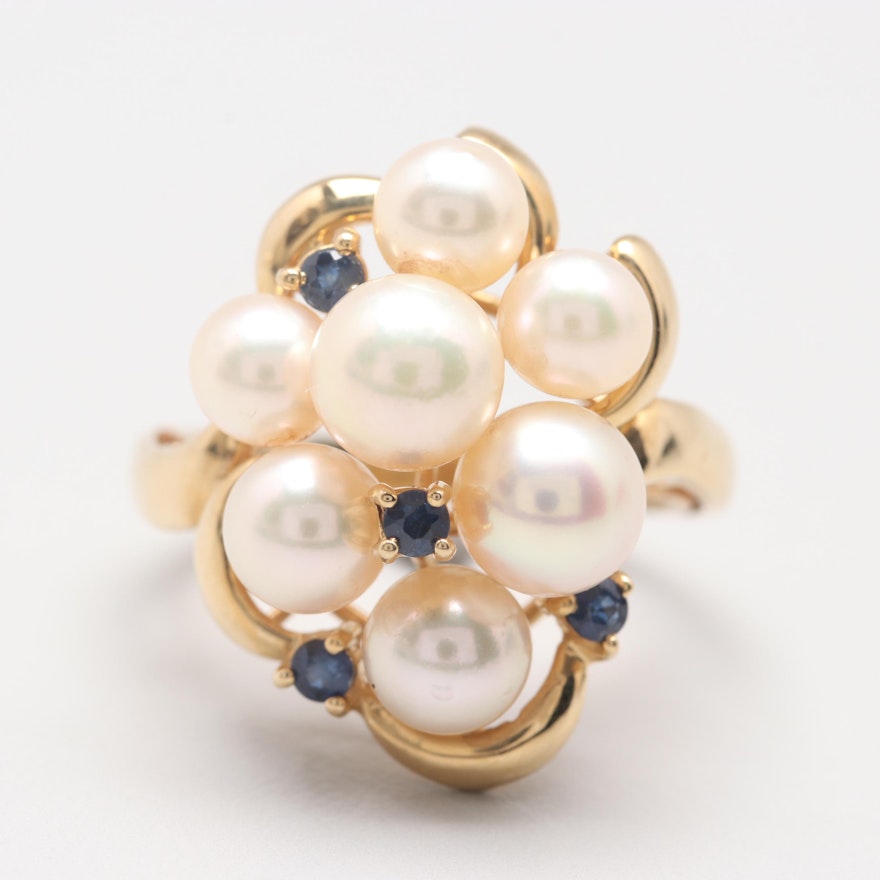 14K Yellow Gold Cultured Pearl and Blue Sapphire Ring