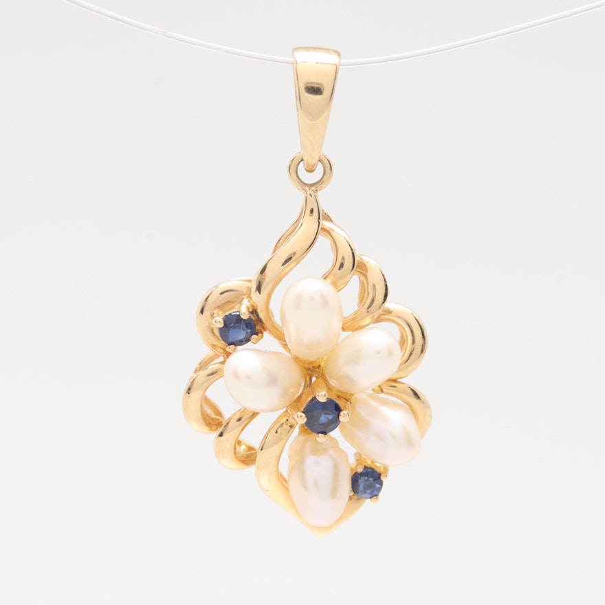 14K Yellow Gold Blue Sapphire and Cultured Pearl Pendant