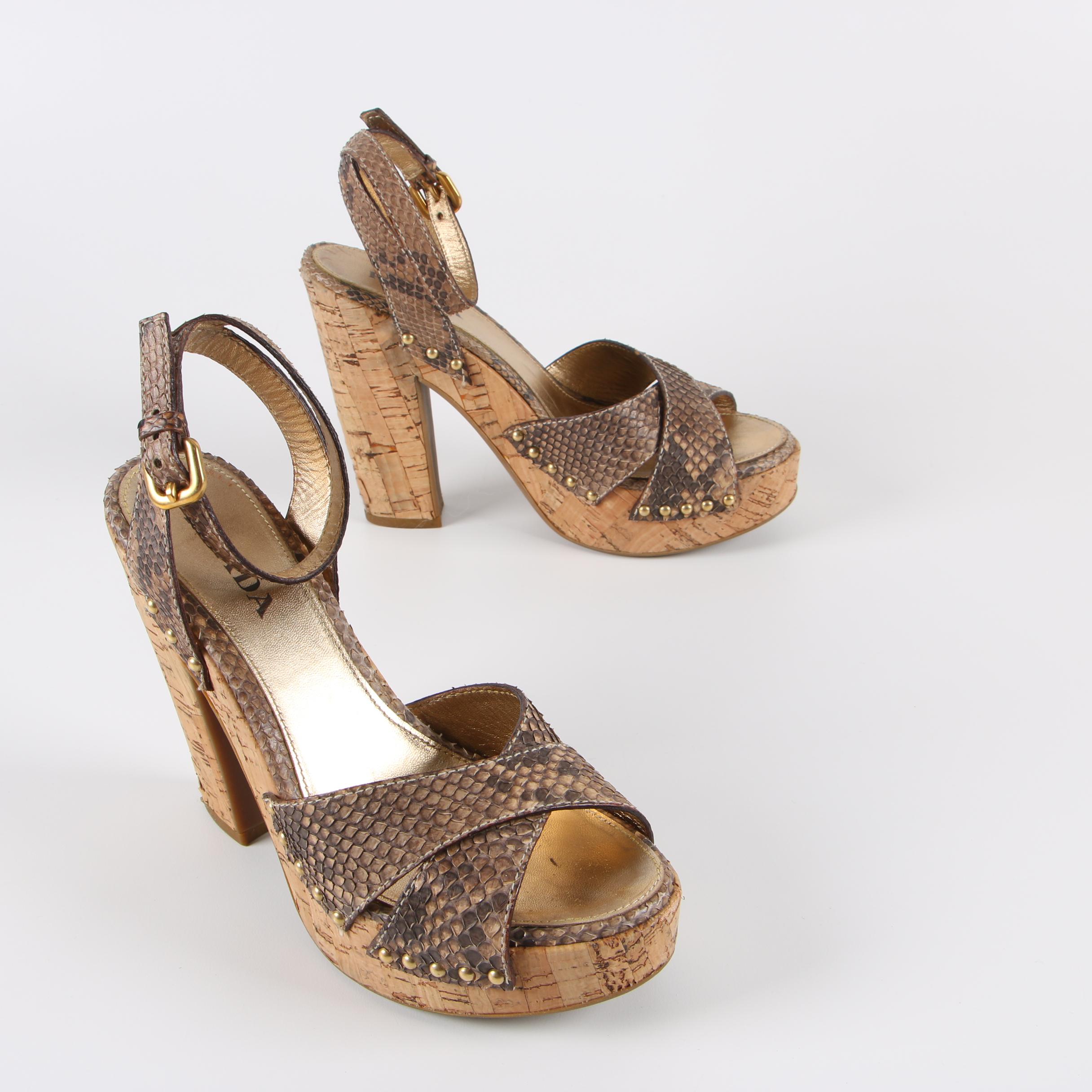 Prada Calzature Donna Python Snakeskin and Cork Platform Sandals