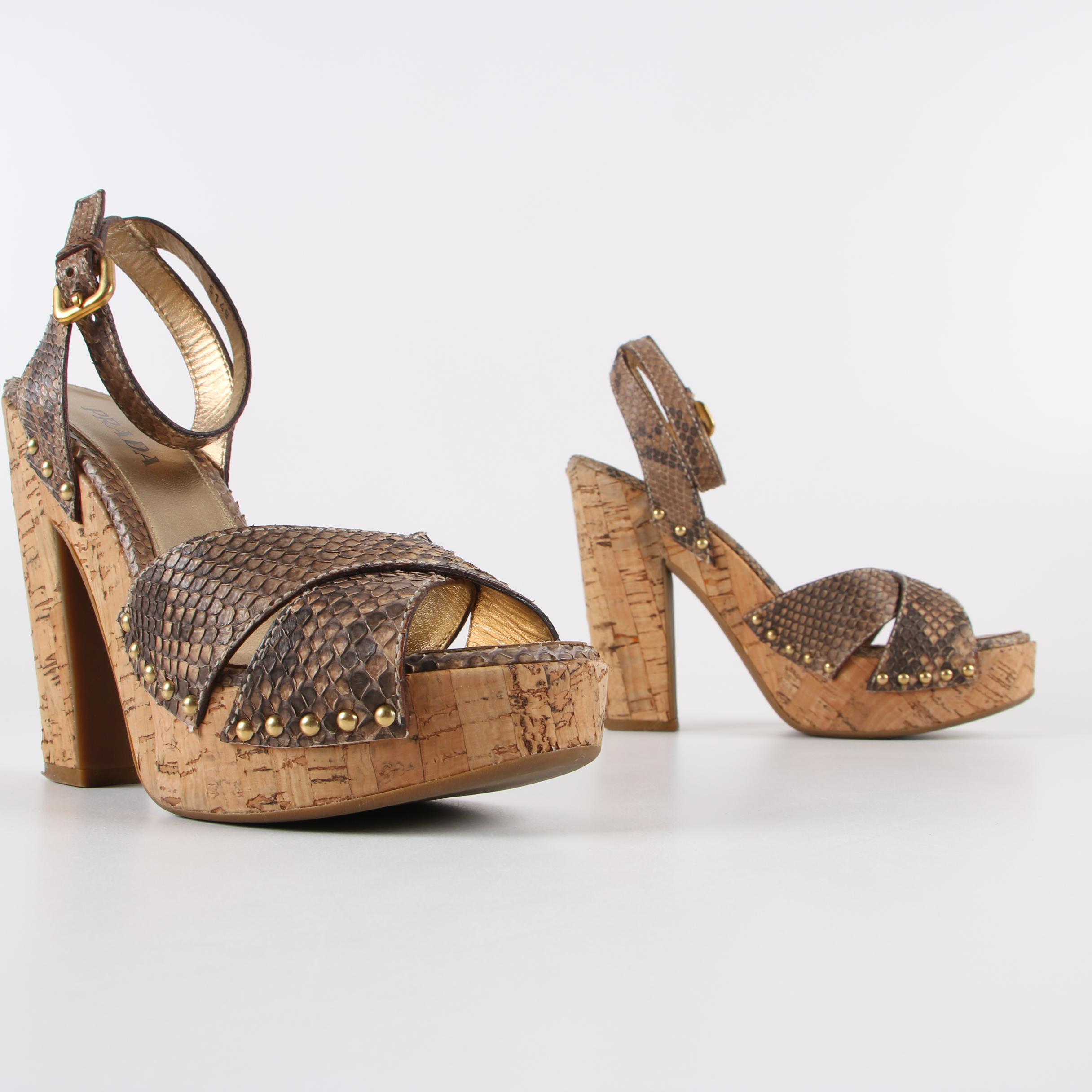 Prada Calzature Donna Python Snakeskin and Cork Platform Sandals