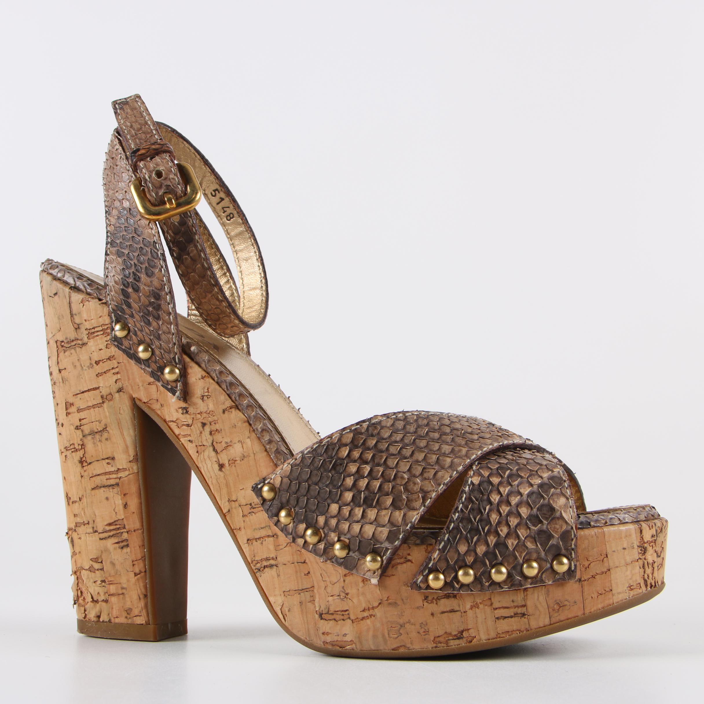 Prada Calzature Donna Python Snakeskin and Cork Platform Sandals