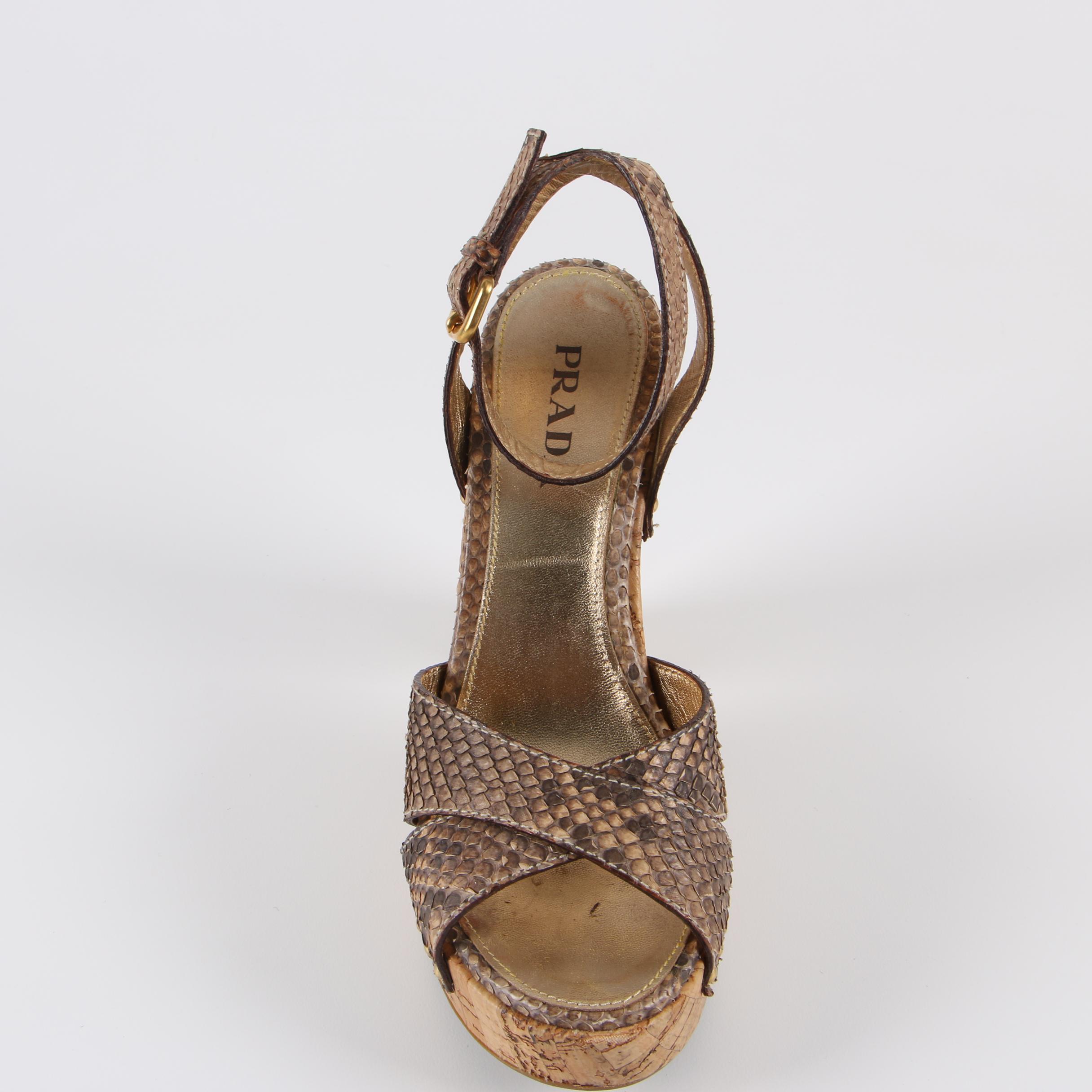Prada Calzature Donna Python Snakeskin and Cork Platform Sandals