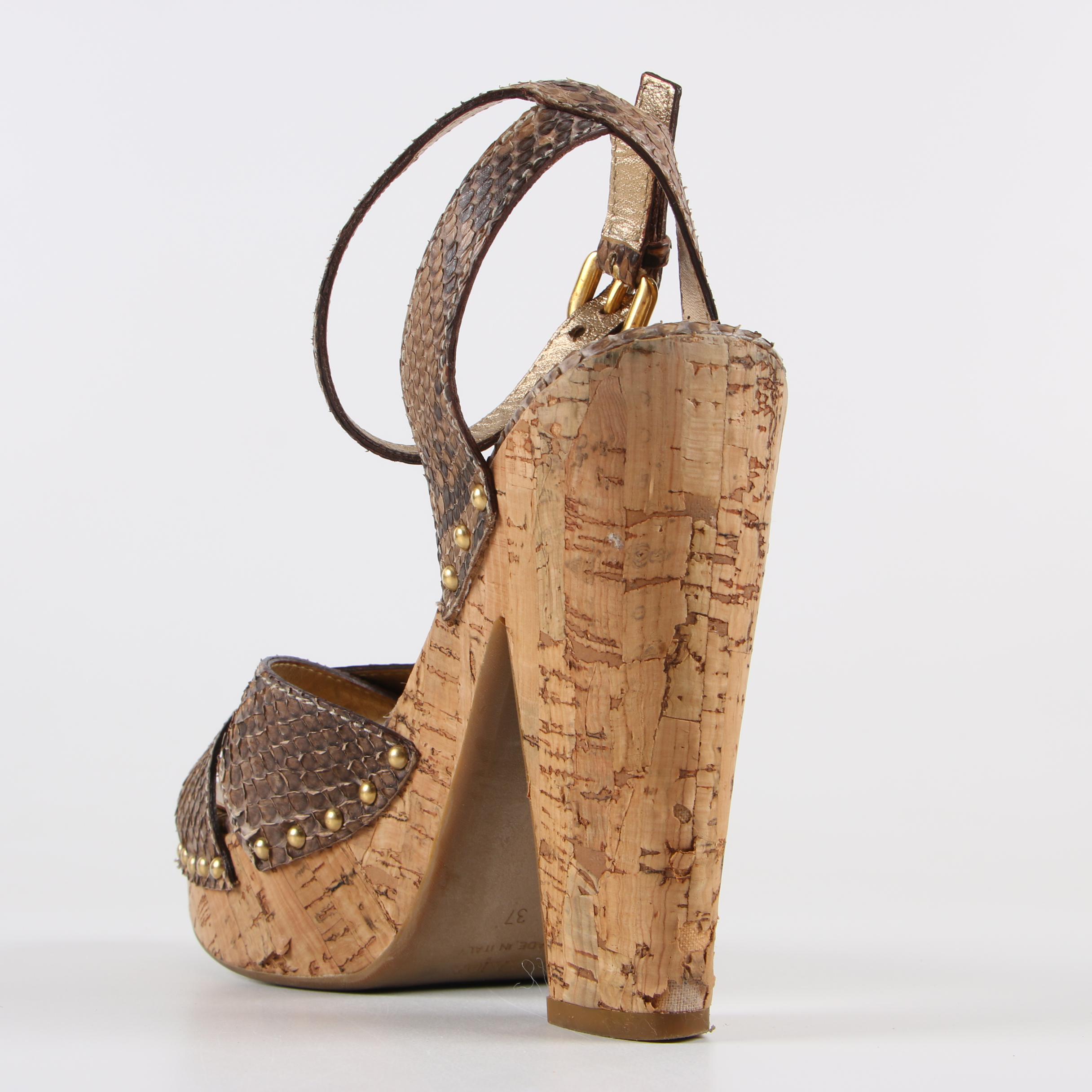 Prada Calzature Donna Python Snakeskin and Cork Platform Sandals