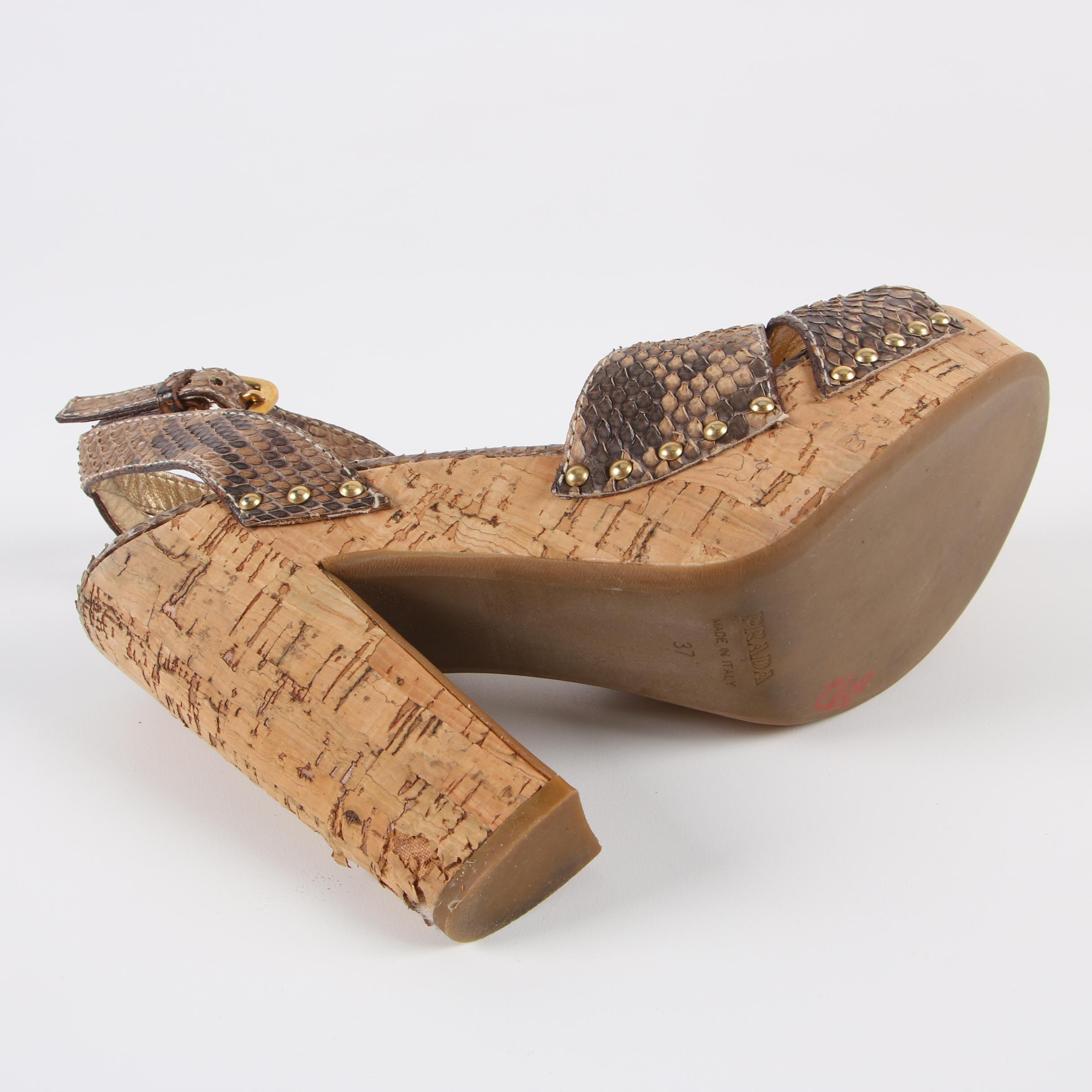 Prada Calzature Donna Python Snakeskin and Cork Platform Sandals