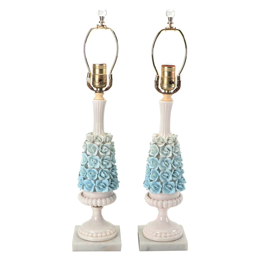 Vintage Capidomonte Style Rose Embellished Porcelain Lamps on Marble Bases
