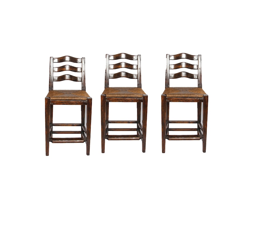 Ladder Back Barstools with Rush Seats and Distressed Finish