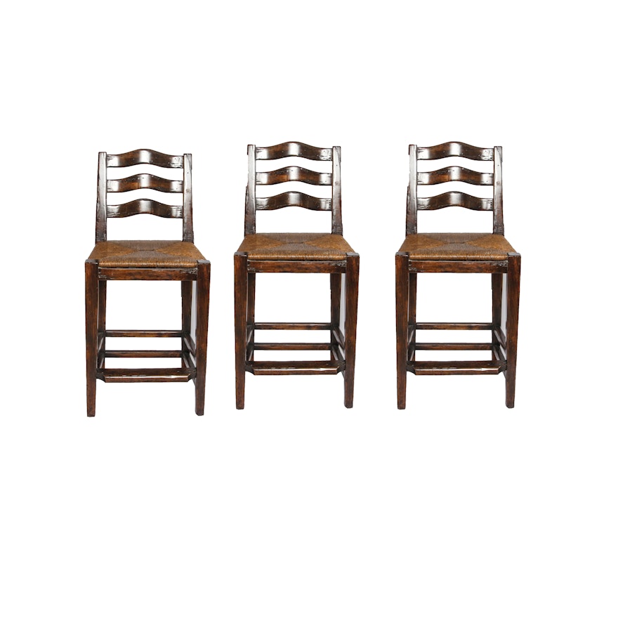 Ladder Back Barstools with Rush Seats and Distressed Finish