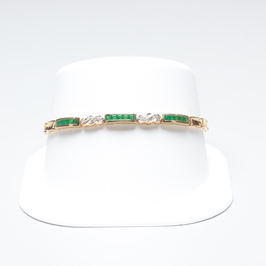 18K Yellow Gold Emerald and Diamond Bracelet