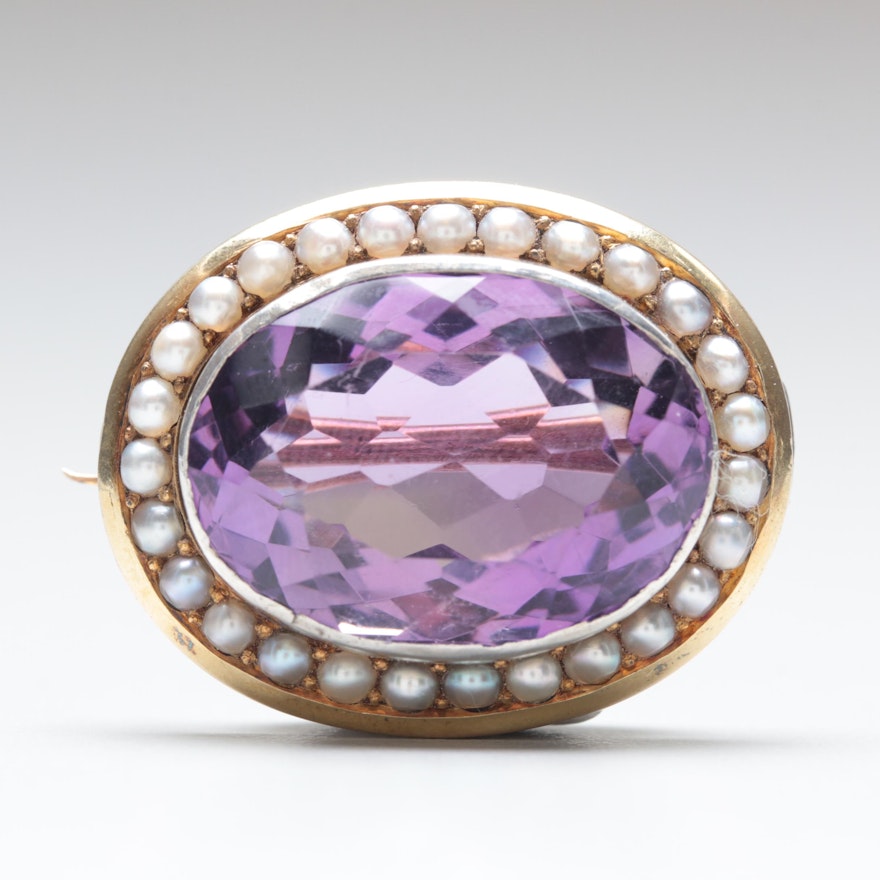 14K Yellow Gold 23.35 CT Amethyst and Seed Pearl Brooch